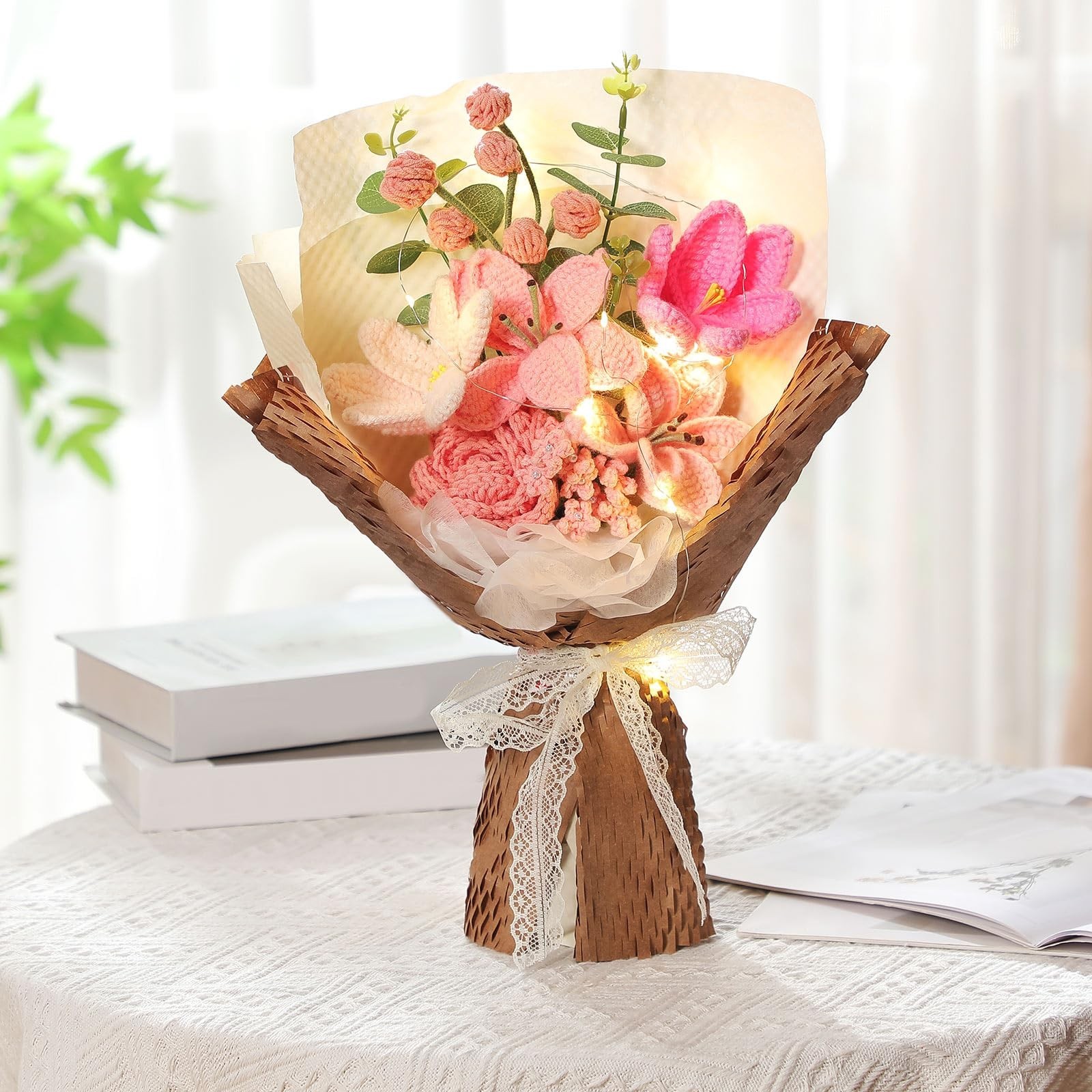 Handmade Crochet Flower Bouquet – Knitted Lily Tulips Rose Gift for Graduation,