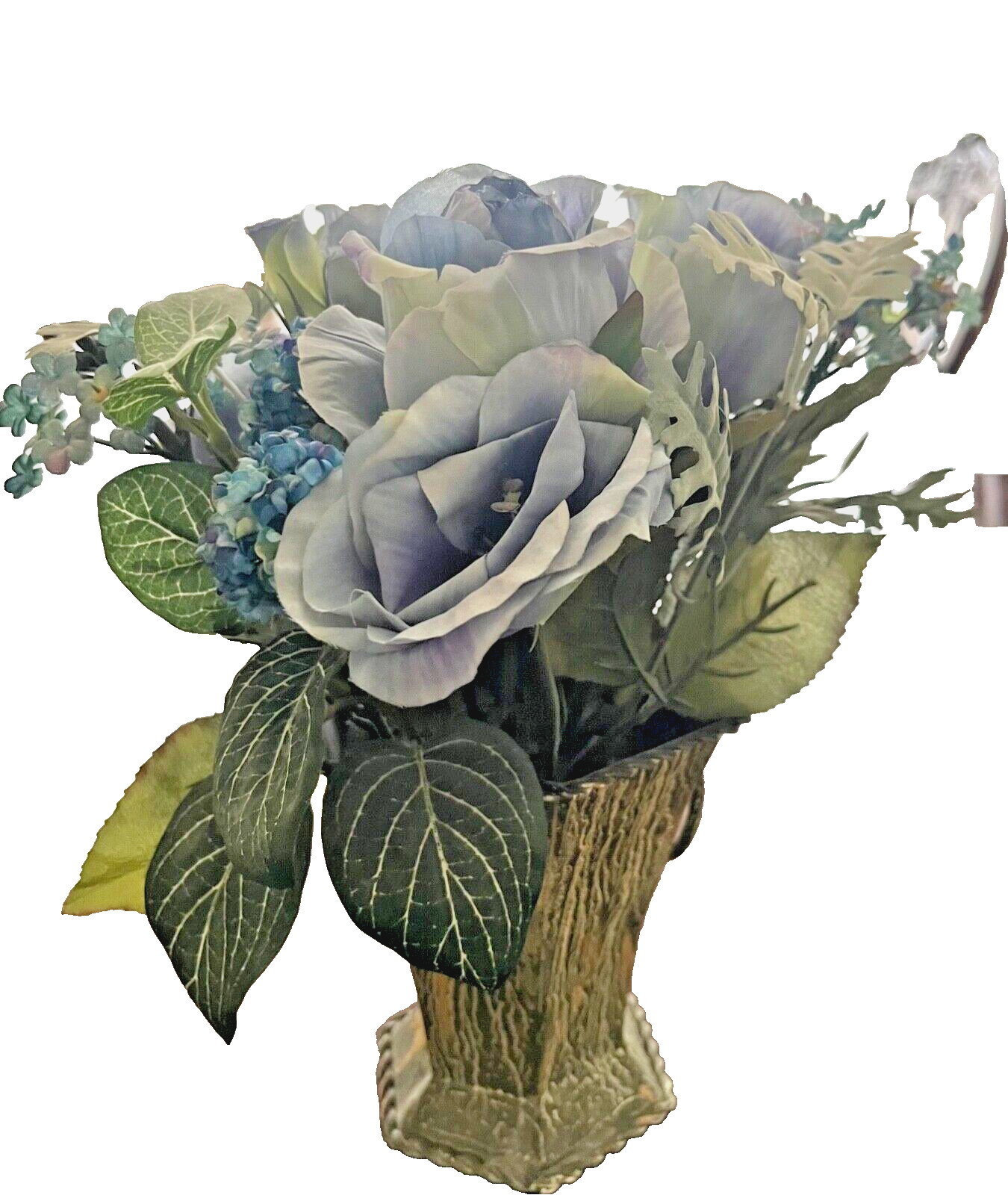 Sale!6 Silk Blue Roses Faux Floral Rustic Metal Vase Home Accessory Gift