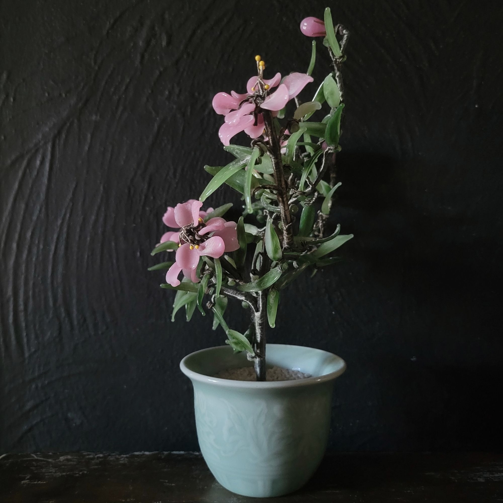 Vtg Jade Cherry Blossom Bonsai In Celadon Pot, Chinoiserie Flower, Asian Decor