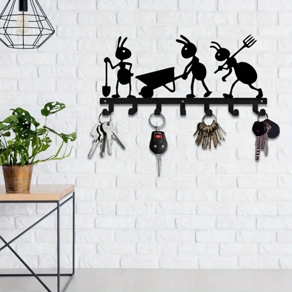 Ant Themed 7-Hook Metal Key Holder Wall Mount Organizer for Kitchen Office