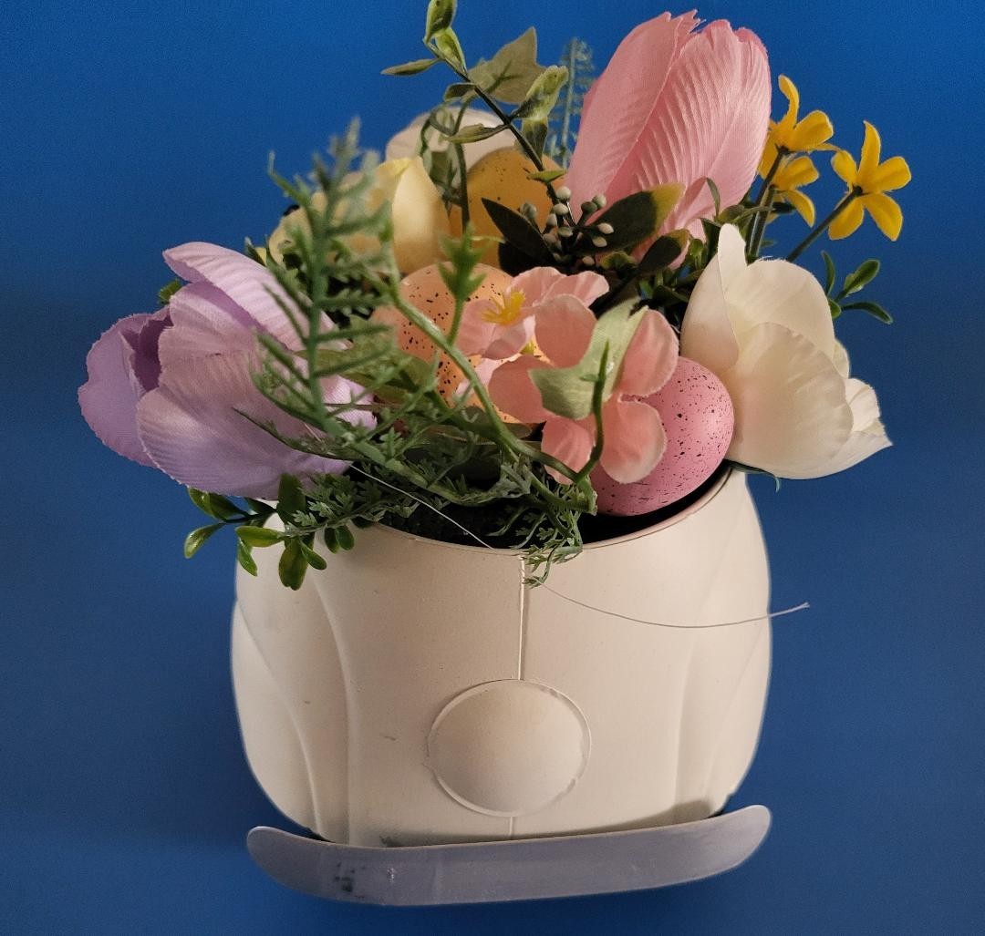 Spring Tulip Arrangement in Vespa-Like Metal Scooter w Artificial Flowers & Eggs