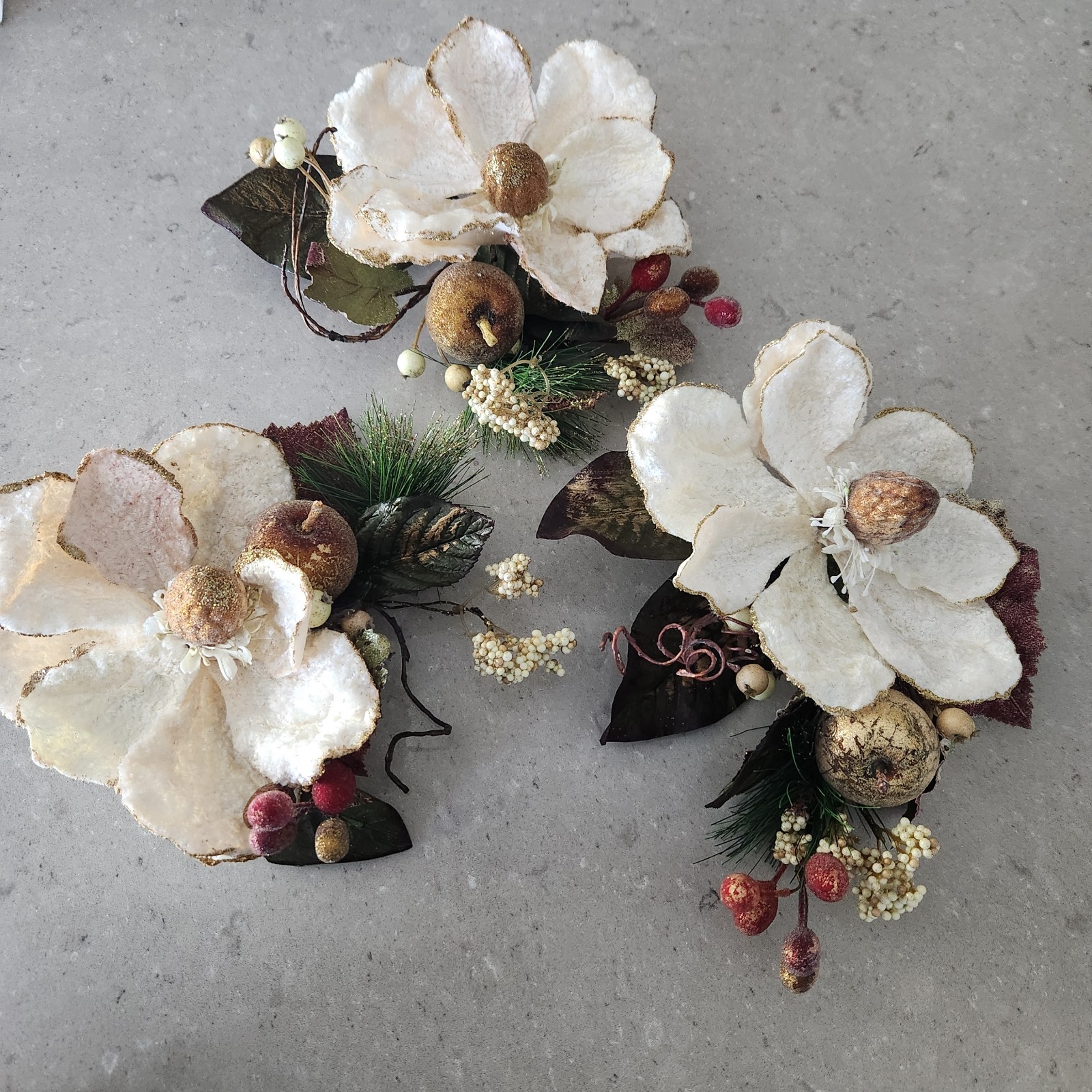 Set of 3 Gold Glittered Artificial Soft White Magnolia Sprays Fruit Berries