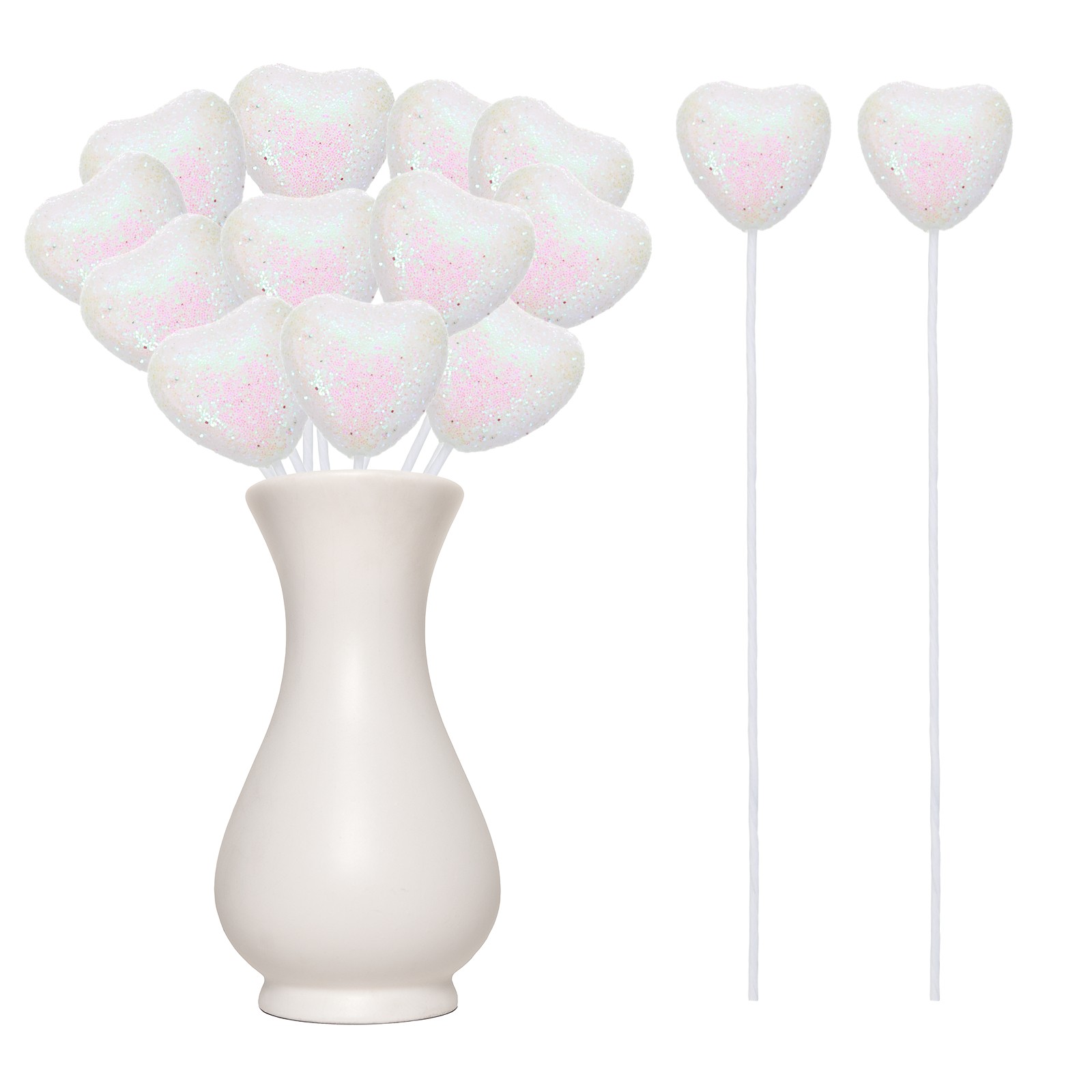 12 Pcs Glitter Heart Shaped Picks Puffy Foam Hearts Stick (White, 3cm x 21cm)