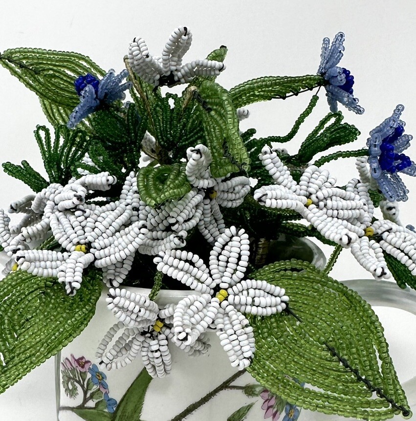 Beaded Glass Flower Bouquet Forget Me Not & Portmeirion Botanic Garden Pot