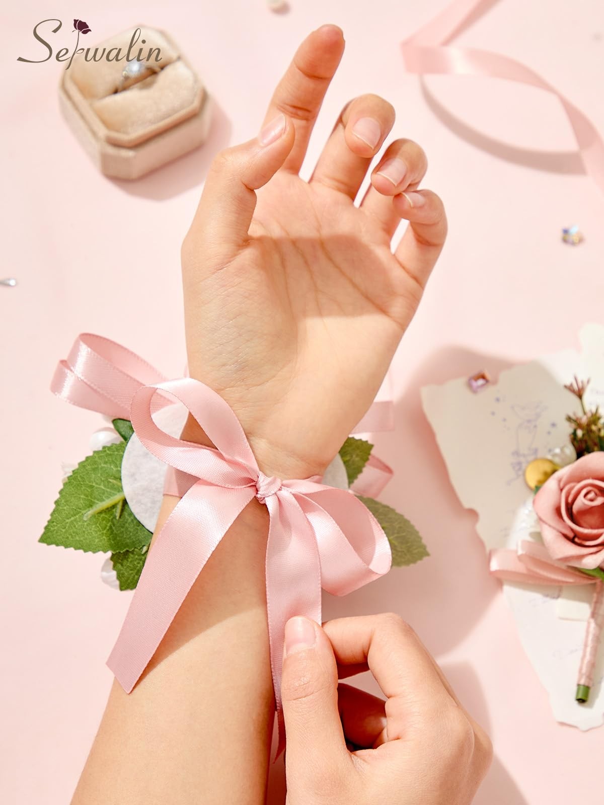 Pink Artificial Rose Corsage and Boutonniere Set Wristlet for Prom Wedding