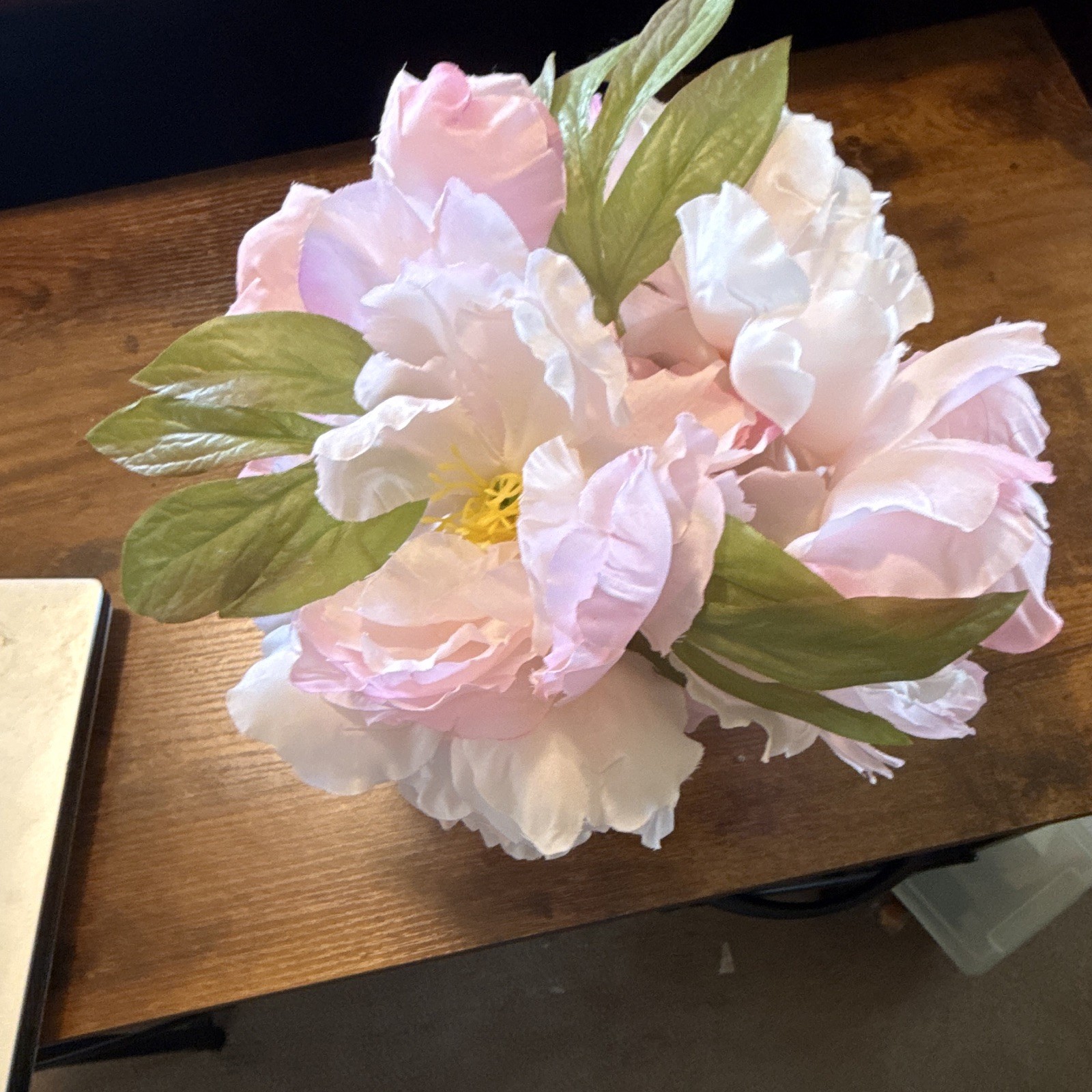 Artificial Peony Flower Arrangement Centerpiece Pink/White/Green in White Pot
