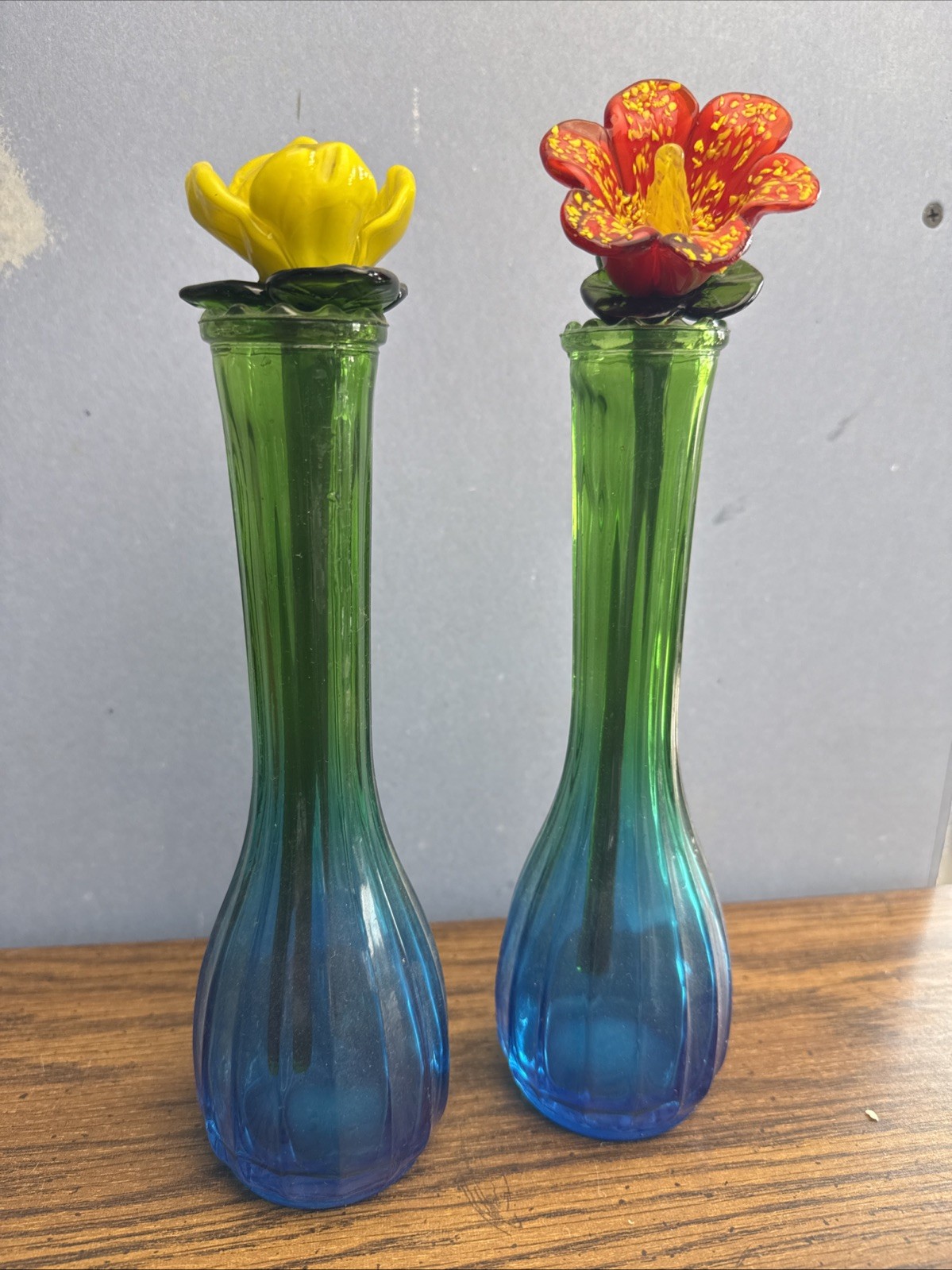 Vintage Art Glass Flower Stems & Blue Green Bud Vases Lot – Hand Blown Decor