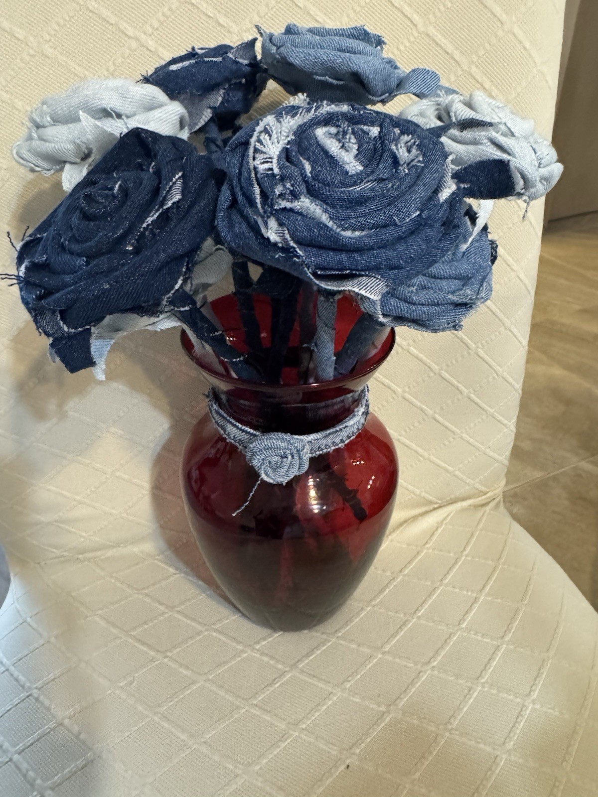 12 (a Dozen) Handmade Denim Roses, Upcycled Vase, Birthday, Mother’s Day, Easter
