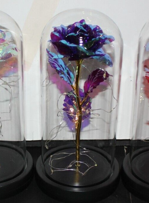 Blue Eternal Rose w LED Lights in Glass Dome Mothers Valentines Anniversary Gift