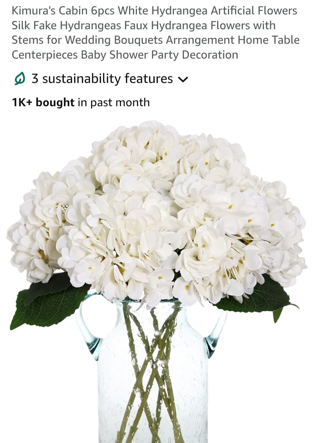 Kimura’s Cabin 6 Pcs. White Silk Hydrangea Flowers-17.7″ Tall-NEW IN ORIG BOX