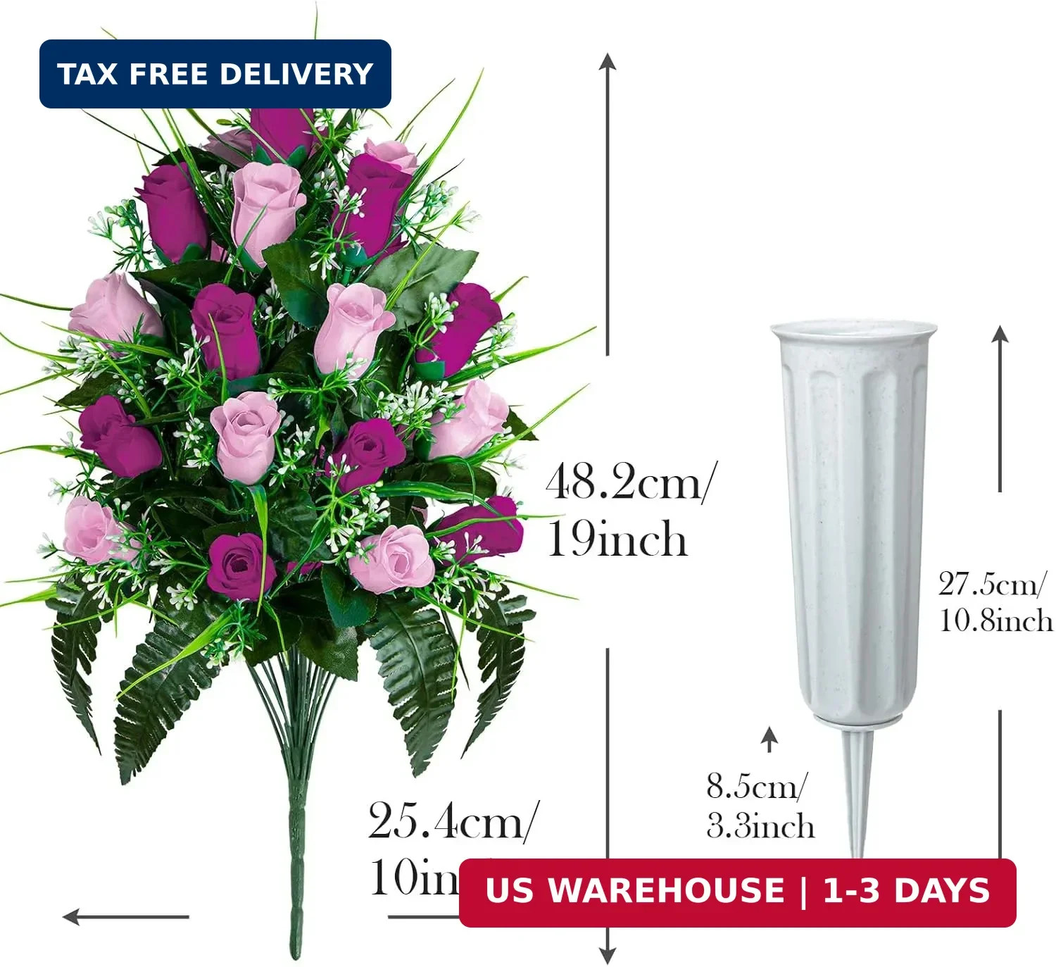 Artificial Cemetery Flowers – Set of 2 Grave Memorial Rose Flowers with Vase for