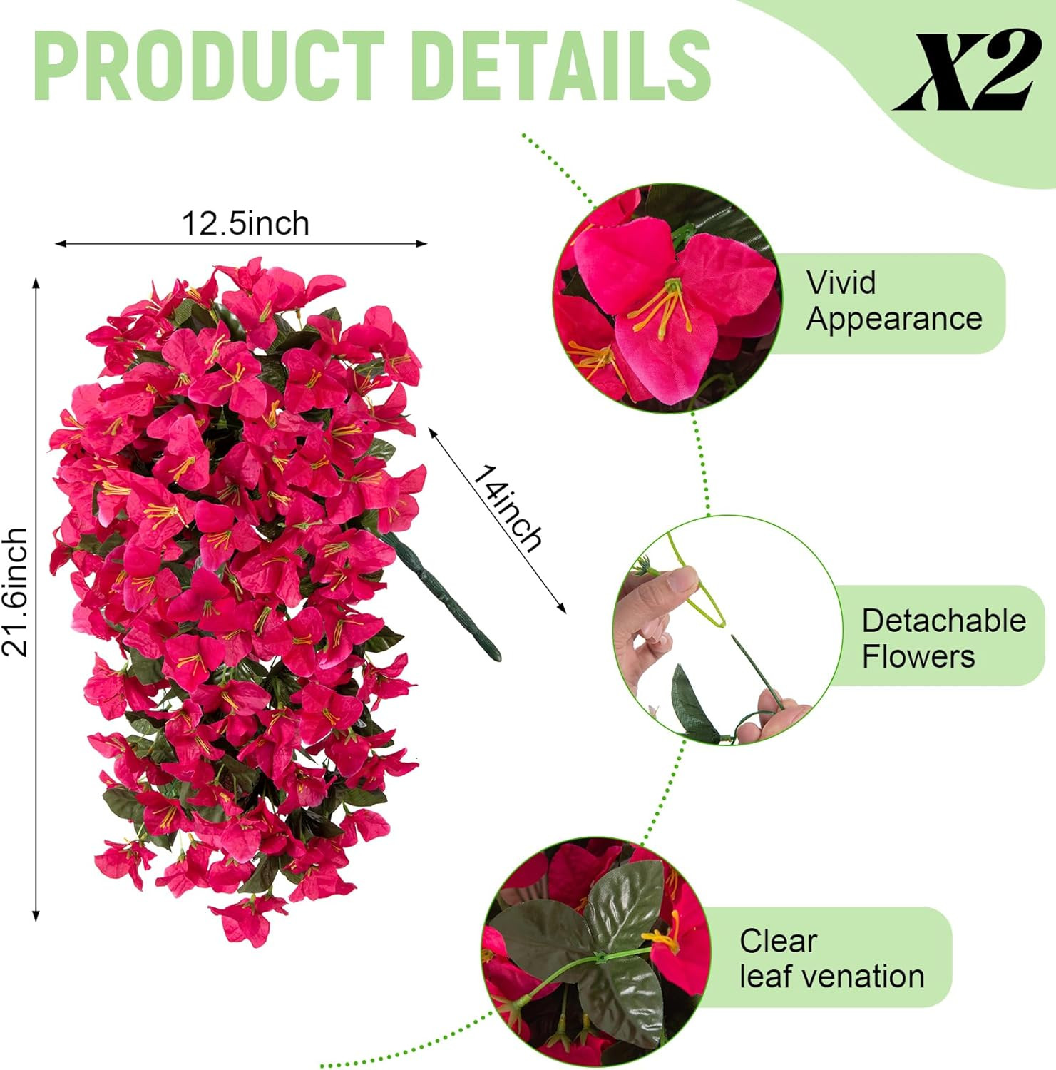 2 Pack Artificial Bougainvillea Hanging Flowers Silk Vines Outdoor Porch Patio