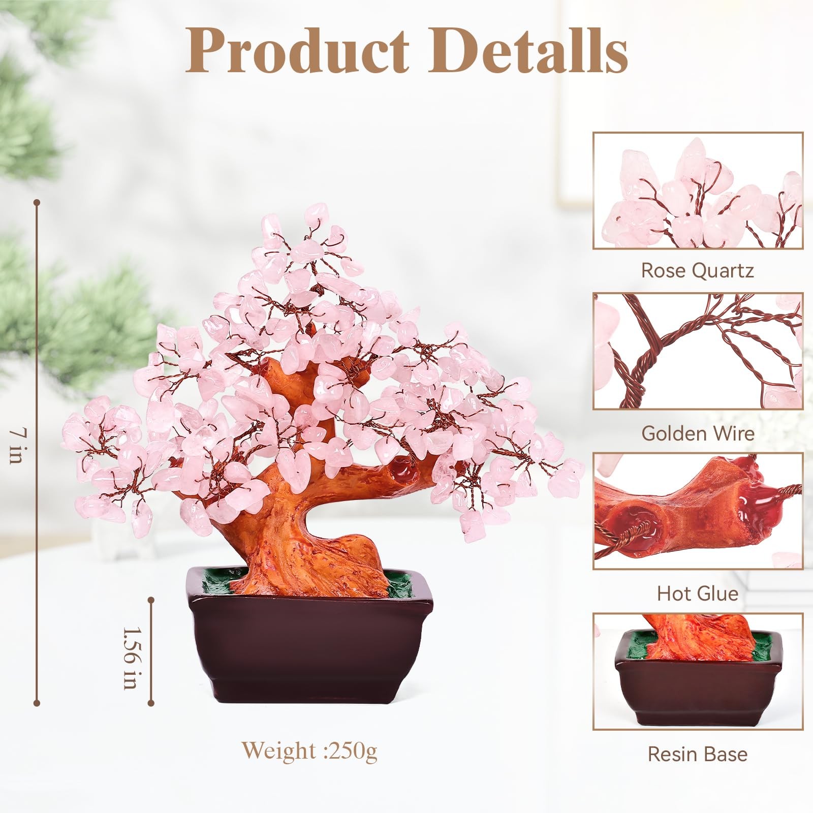 Árbol del dinero cristal cuarzo rosa natural Feng Shui, bonsái cristal curativo
