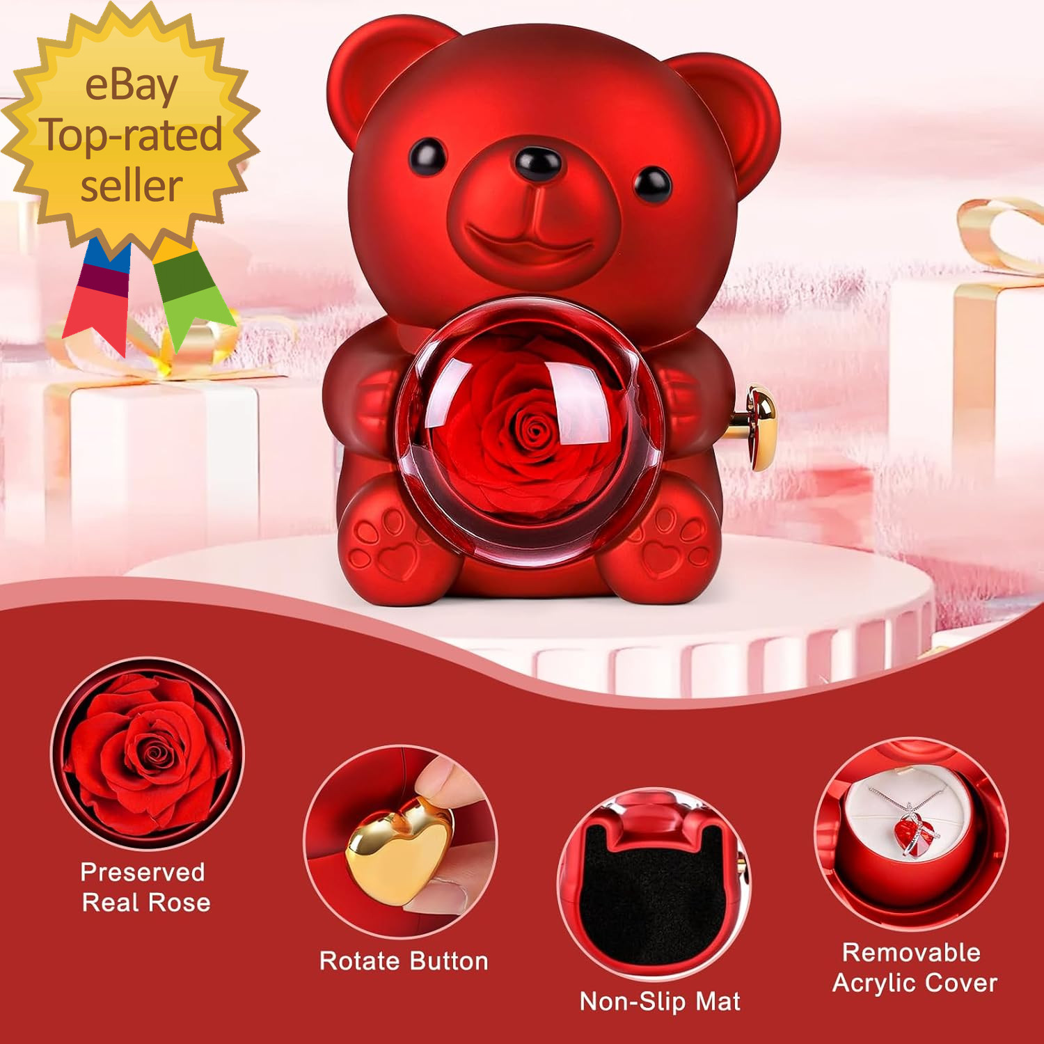 Cute Teddy Bear Preserved Rose Eternal Flowers Rotating Rose Box with Necklace