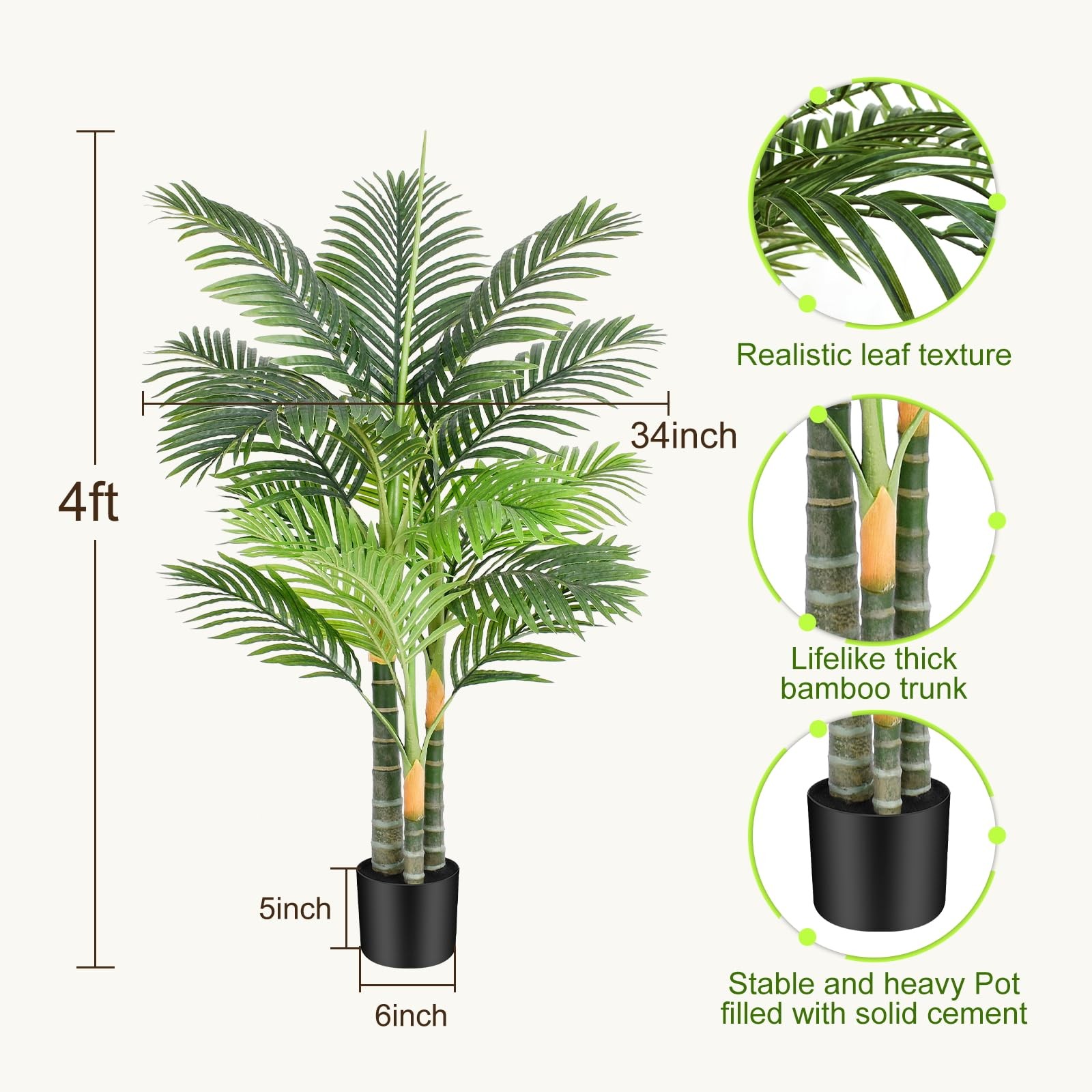 4ft Tall Triple Golden Cane Palm Artificial Tree Large Tropical Palm Tree UV …