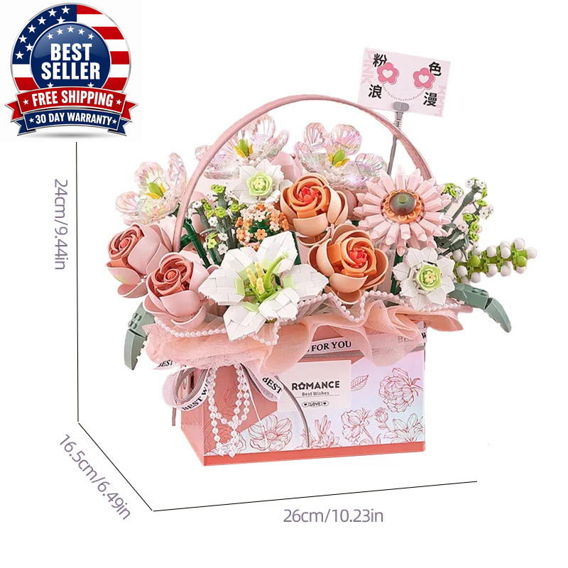 Creative Pink Rose Basket Bouquet Building Blocks Portable Flower Bouquet Gift B