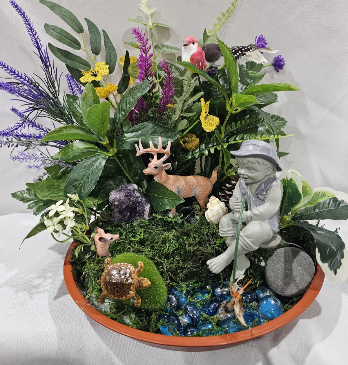 Dish Garden Artificial Flowers greenery Arrangement BOY FISHING deer other
