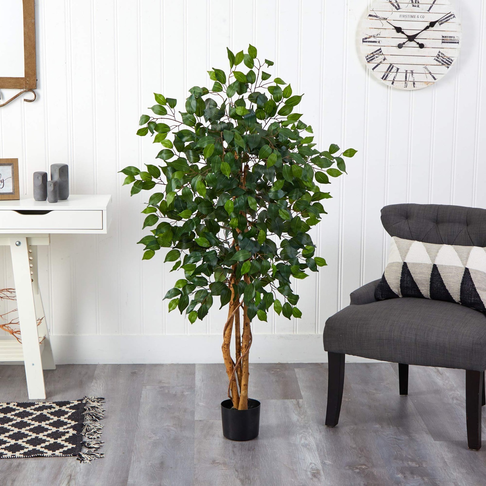 4ft Artificial Triple Trunk Ficus Tree – Silk Plant with Natural Wood Trunks, De