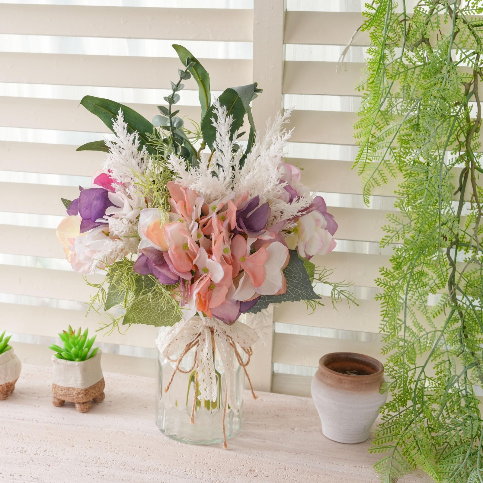 Fake Flowers with Vase, Artificial Pink & Purple Hydrangea Arrangement, Sprin…