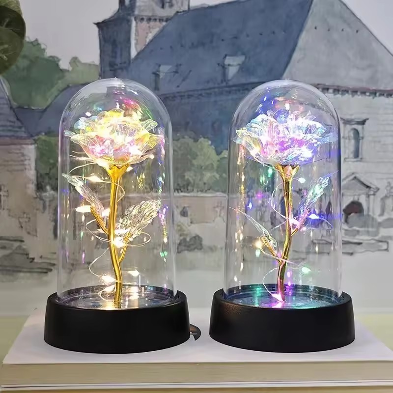 LED Multicolor Artificial Rose Flower Glass Dome Arrangement, 15cm