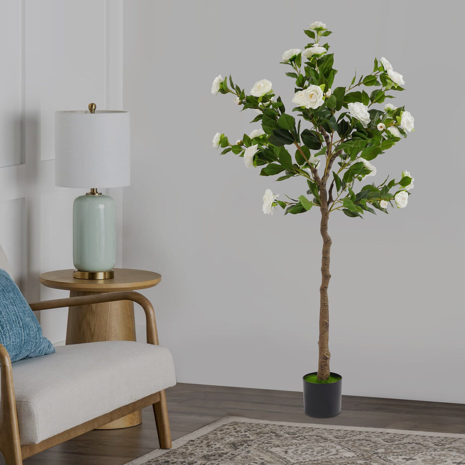 150CM Camellia Plant in Pot with White Flowers White Artificial Camellia Trees