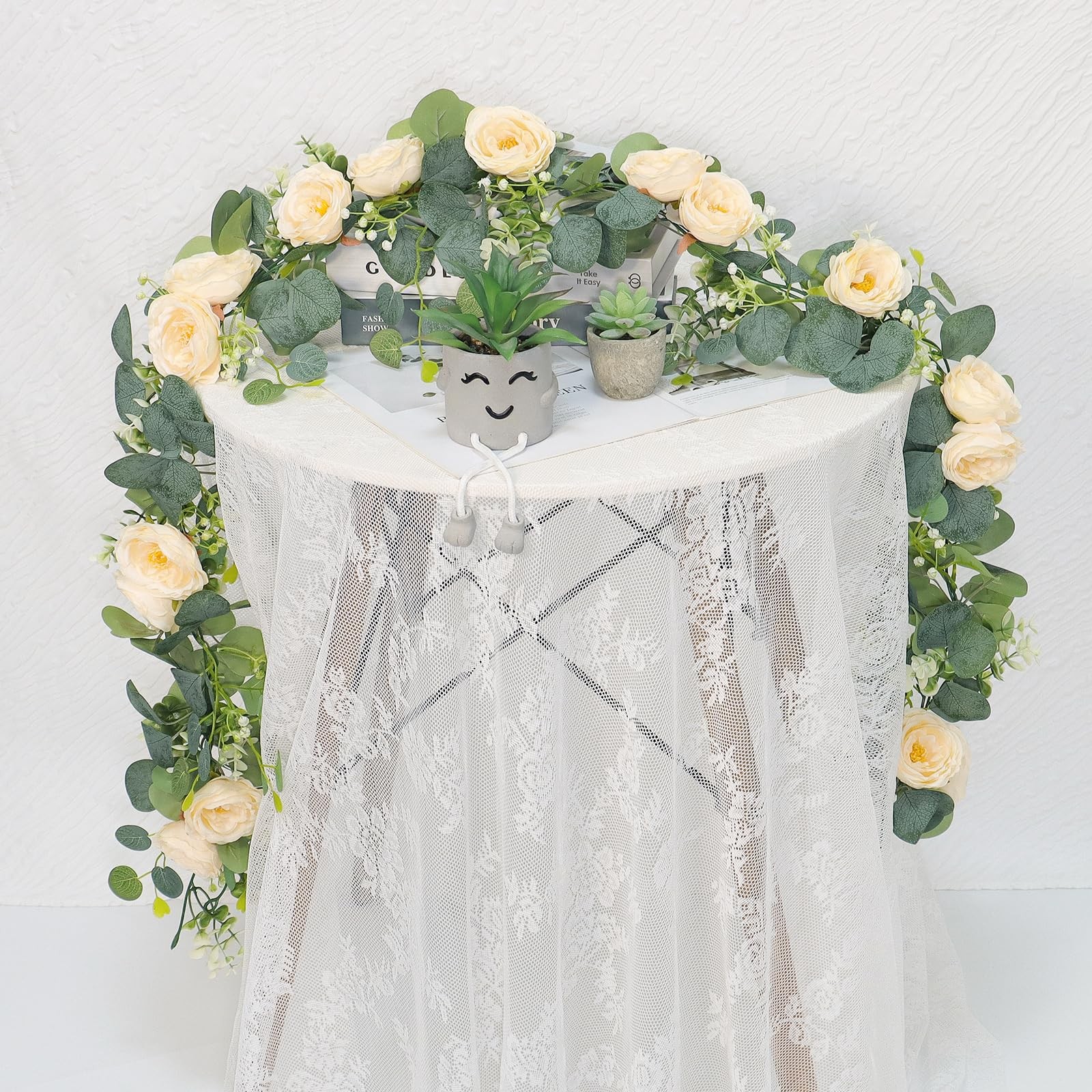 4 Pack 24Ft Artificial Eucalyptus Flower Garland with Champagne Roses, Fake R…