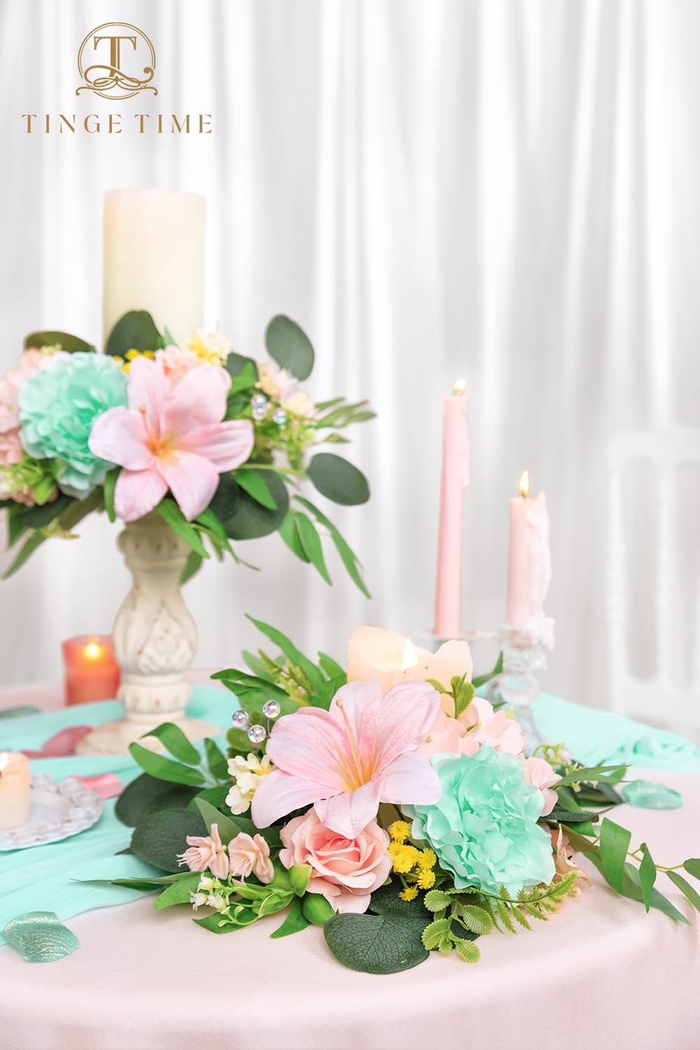 2pcs Artificial Flowers Candelabras Decoration, Mint Green & Pink Floral Swag…