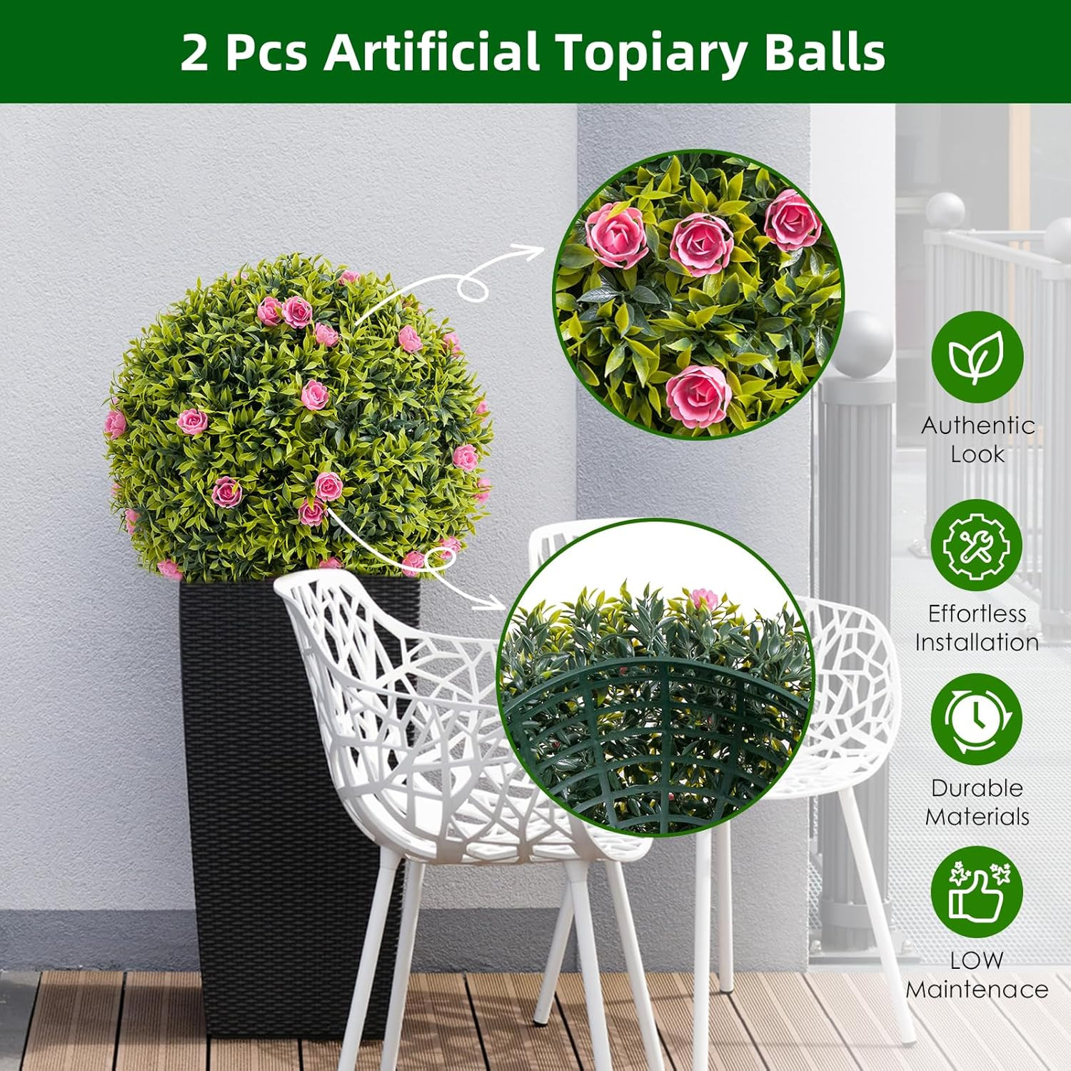 22.4″ Faux Boxwood Topiary Balls with Pink Flowers – 2 Pack for Home & Garden