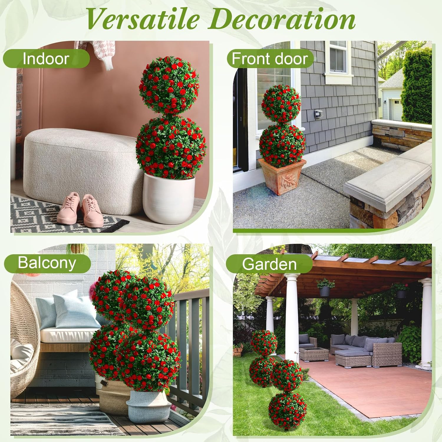 2 Pack 28 Inch Outdoor Artificial Rose Topiary Trees Double Ball with Flowers Fa