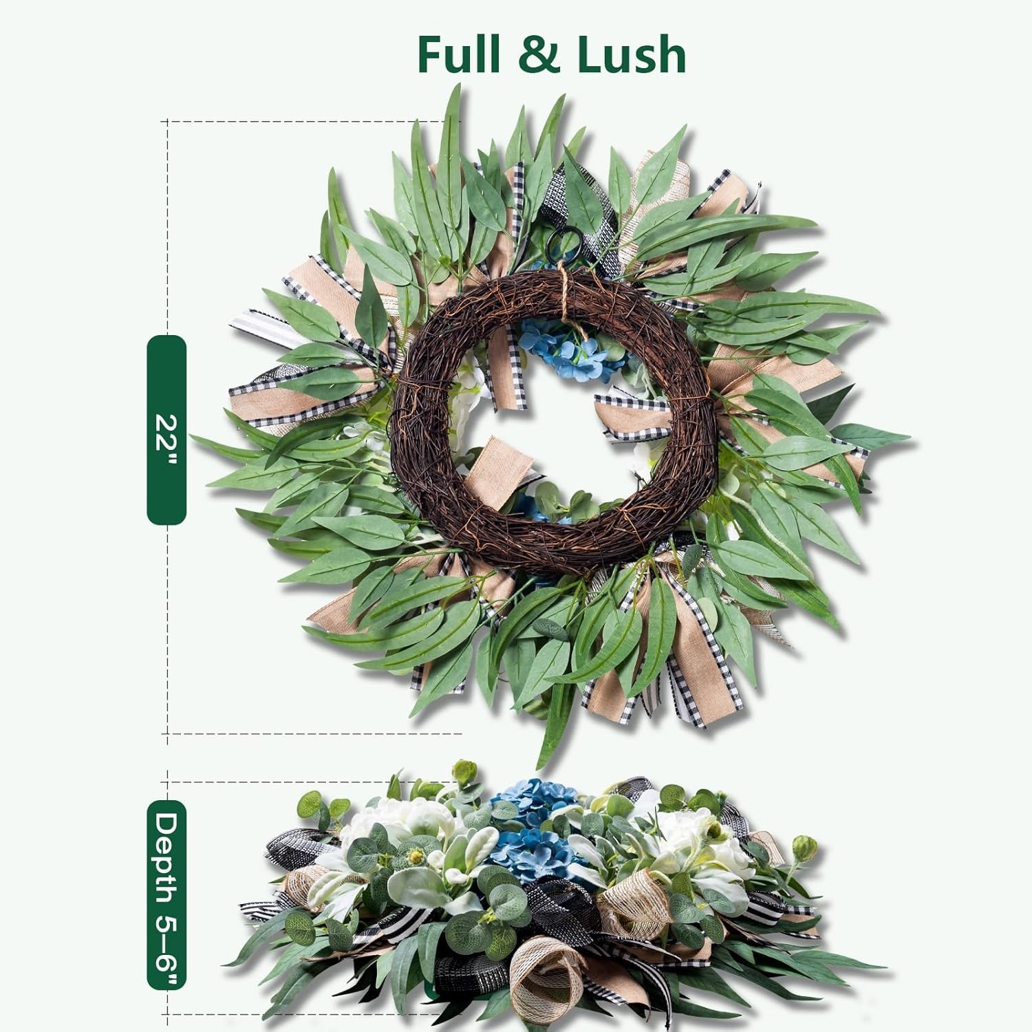 Farmhouse Hydrangea Wreath – -Round Spring Summer Decor