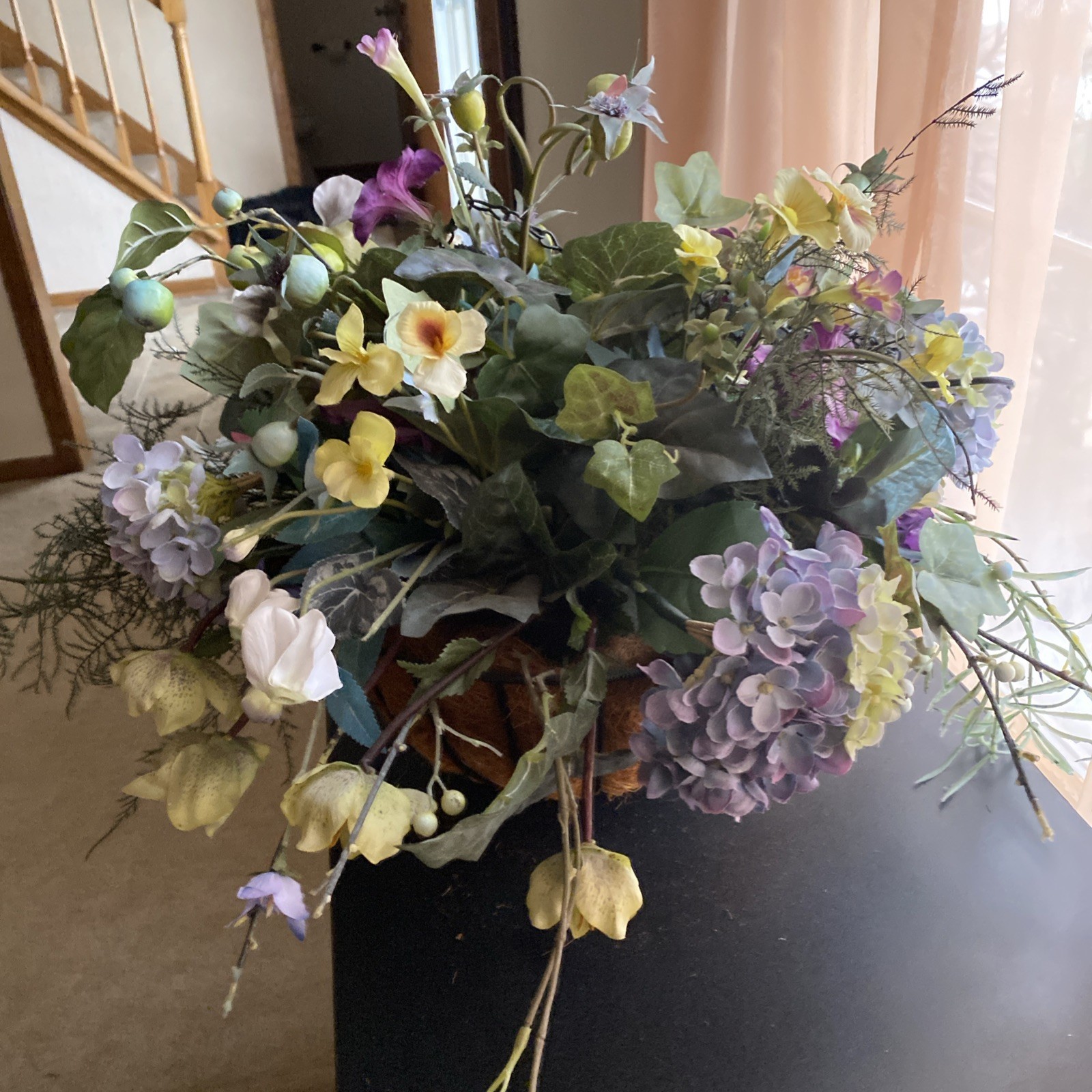 Artificial Hanging Flowers In Basket Silk Vine Plants Flower w/ Flowerpot Basket