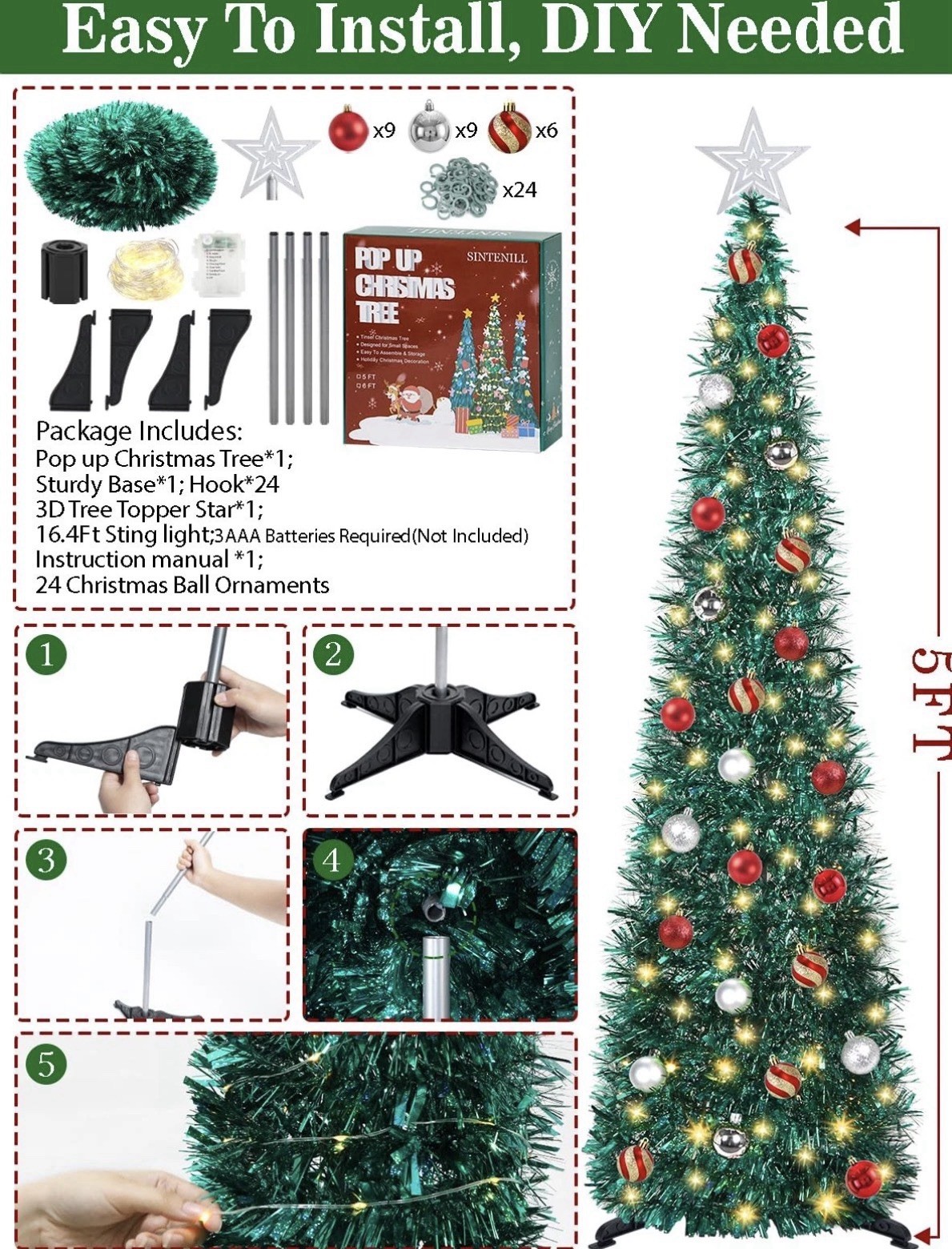 5 FT Pop Up Christmas Tree with Timer Lights and Decorations, Green Tinsel New