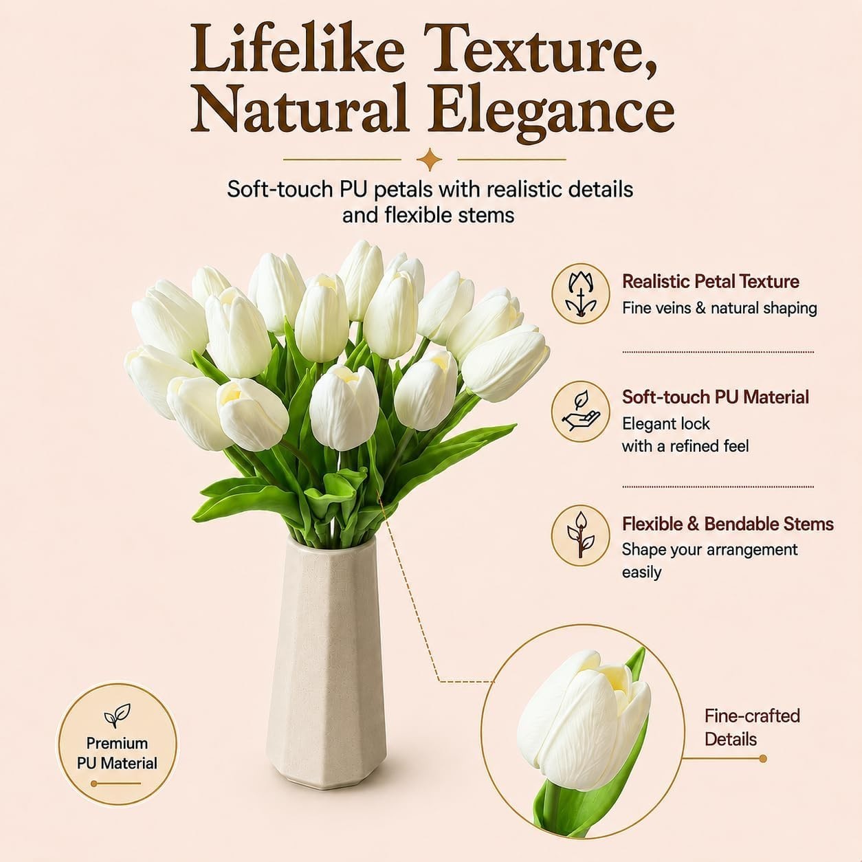 Versatile 20 Artificial White Tulips – 13.5in Eco-Friendly Faux Floral Decor