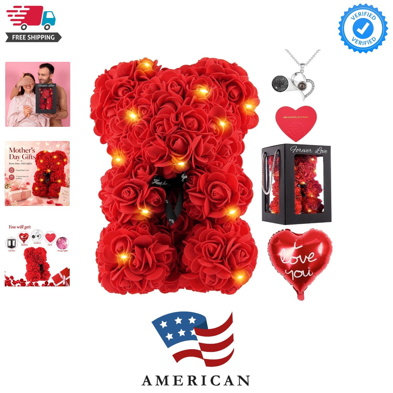 Rose Bear 10 Inch Red Flower Teddy Bear with Lights Box I Love You Necklace C…