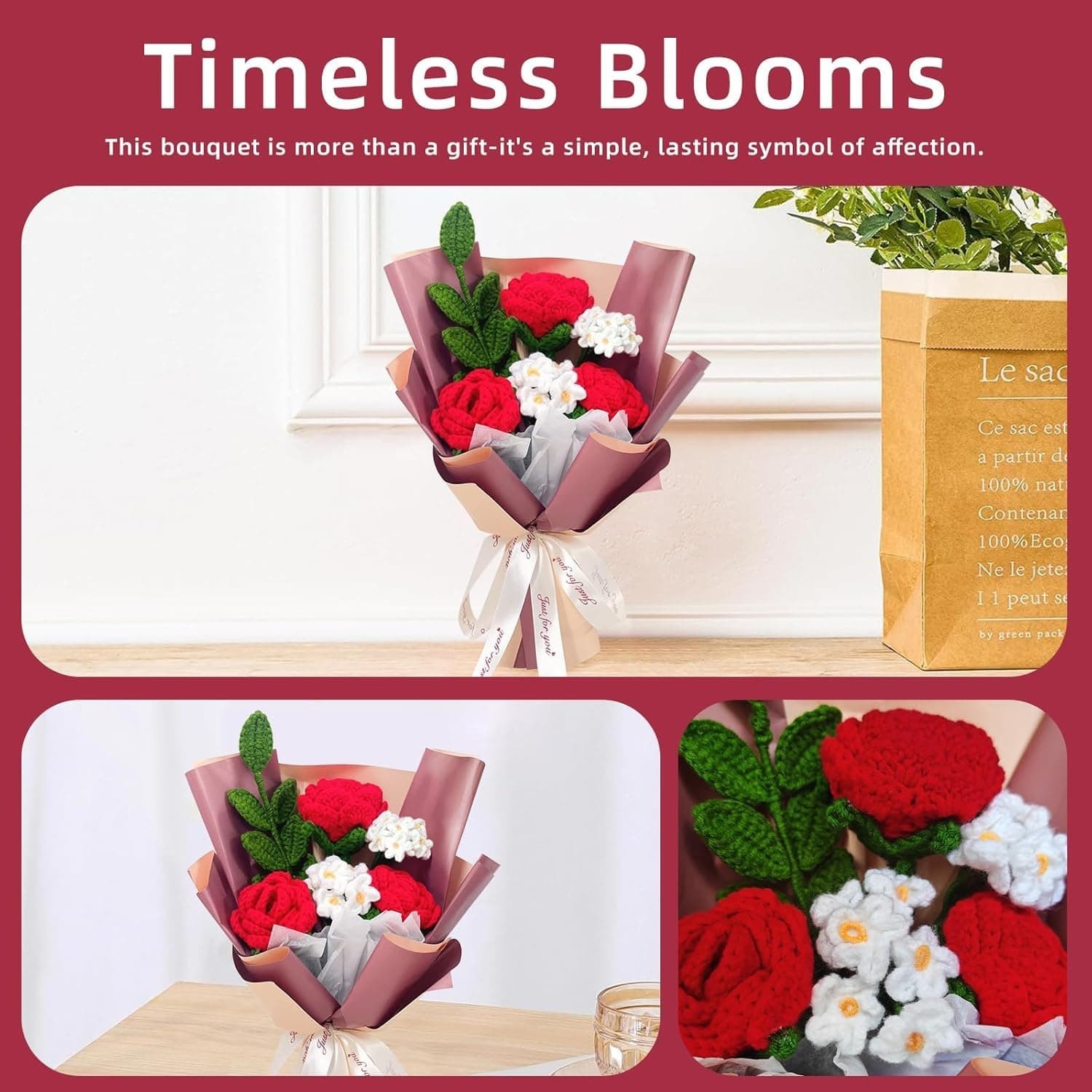 Red Rose Forget Me Not Knitted Artificial Flowers Gift for Mother Wife Women
