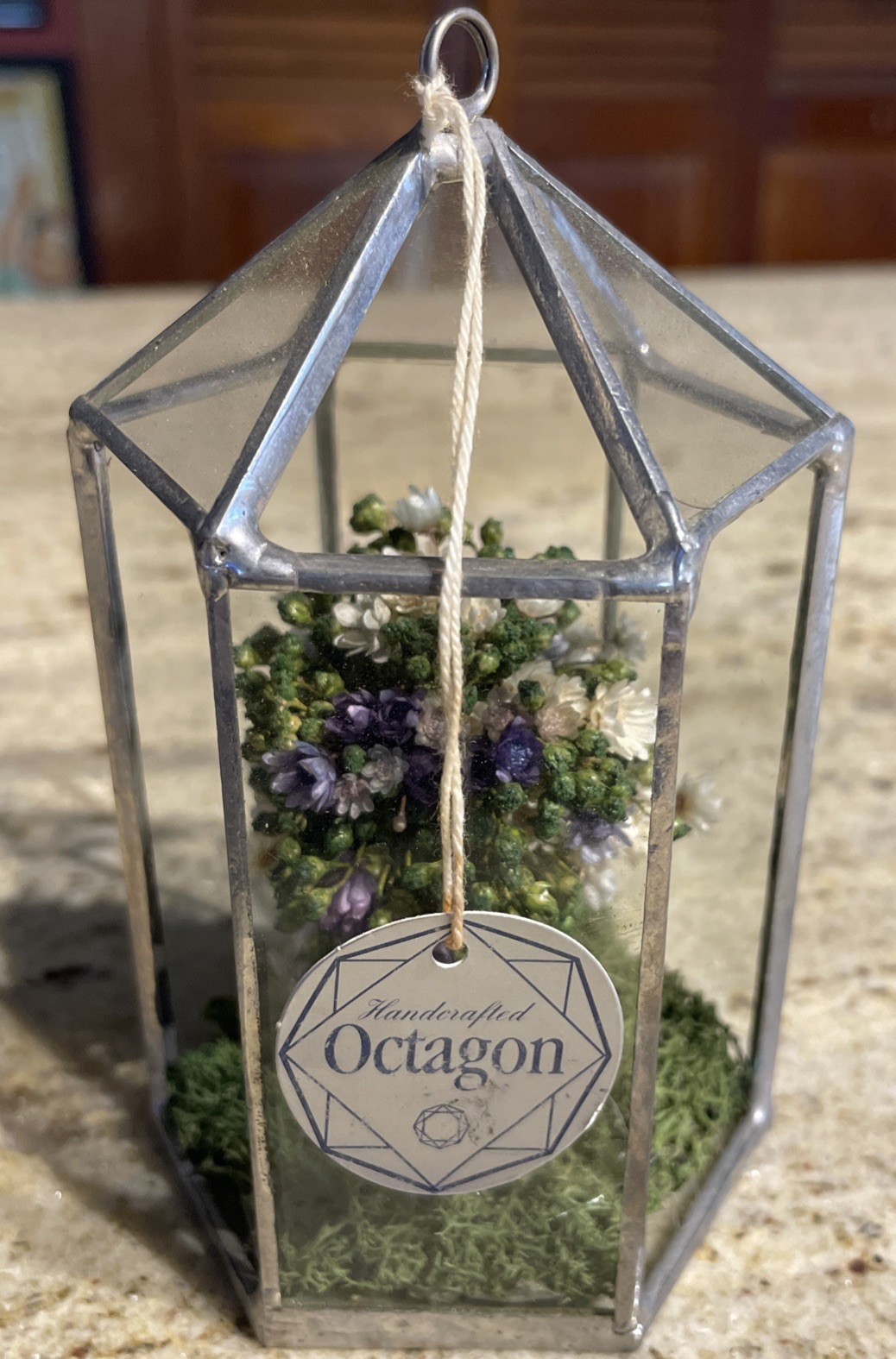 Handcrafted Octagon Real Dried Flowers Hanging Glass/Metal Frame Floral Decor 5”