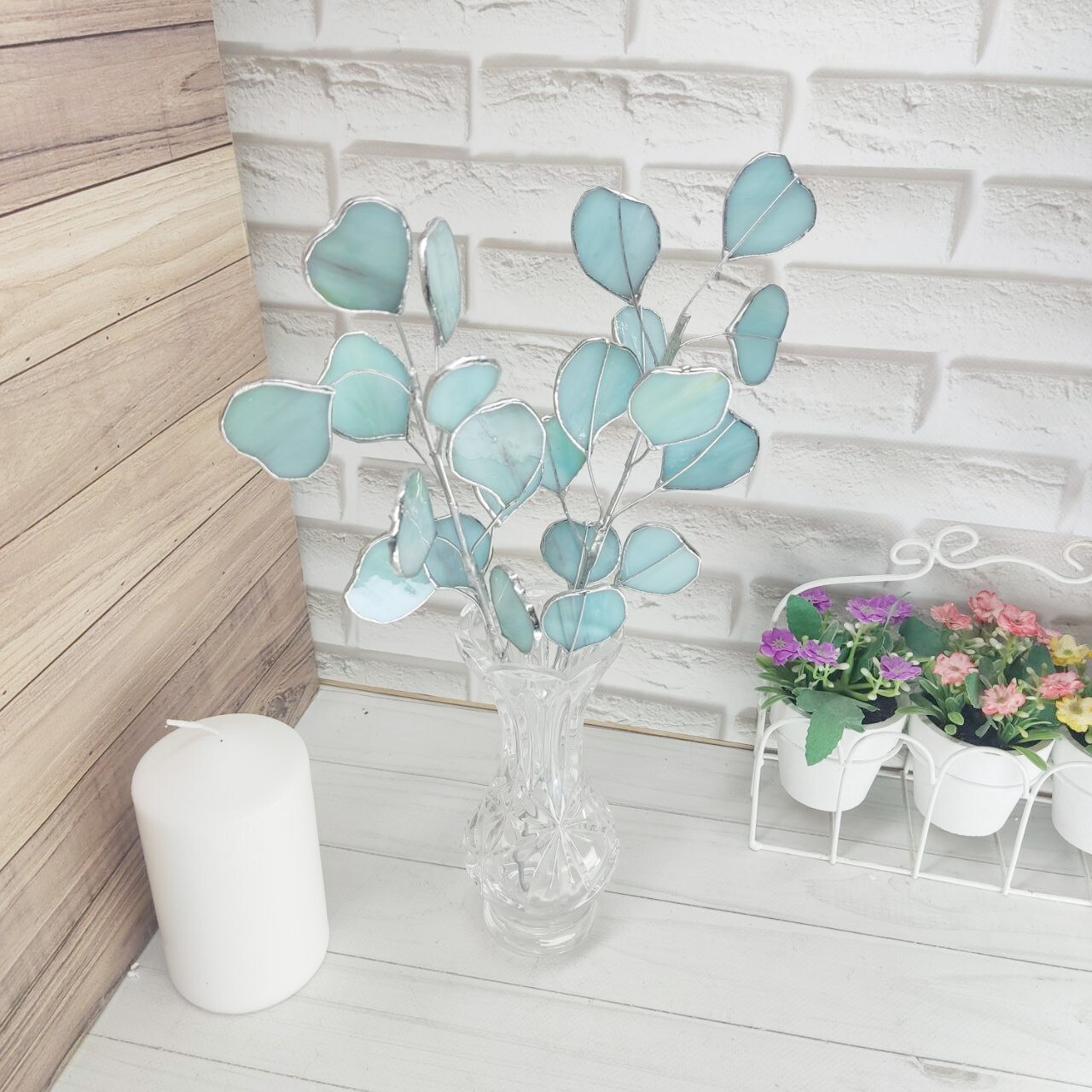 Stained glass eucalyptus branch, glass eucalyptus, plant stake for vase or garde