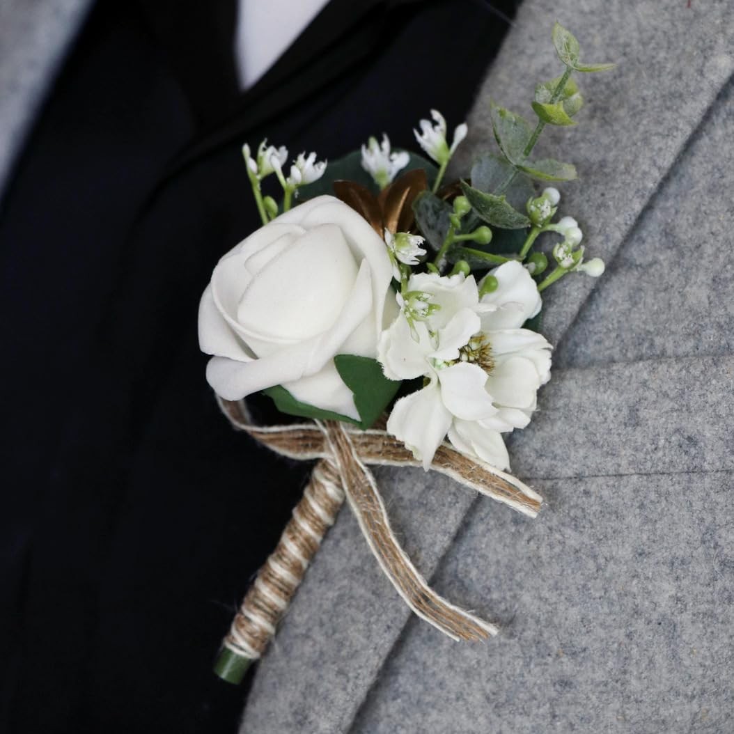 4 PCS Artificial Mens Rose Boutonniere Bridal White Corsage Wedding Prom 8x14cm