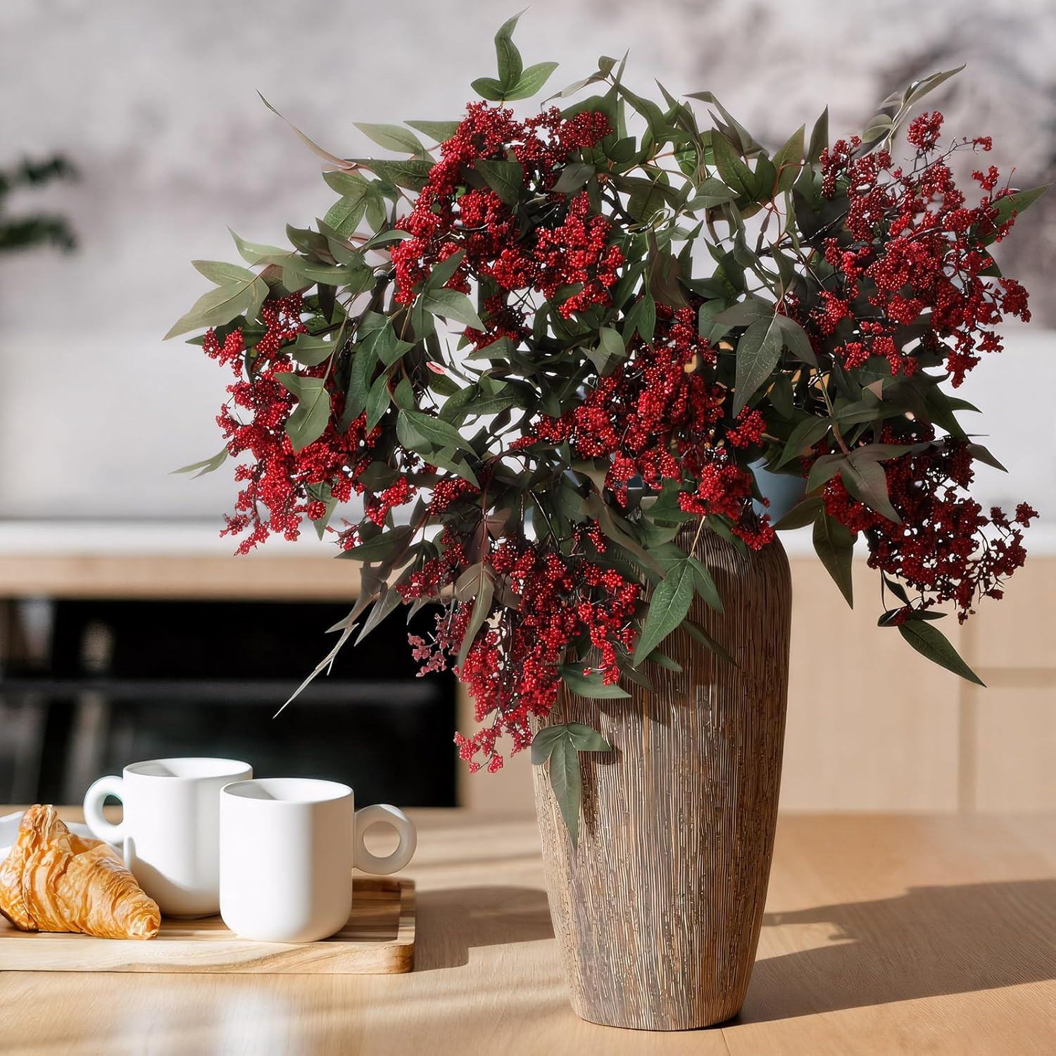 3 Pcs 35″ Red Faux Berry Stem for Fall Decor, Wedding & Home Accents