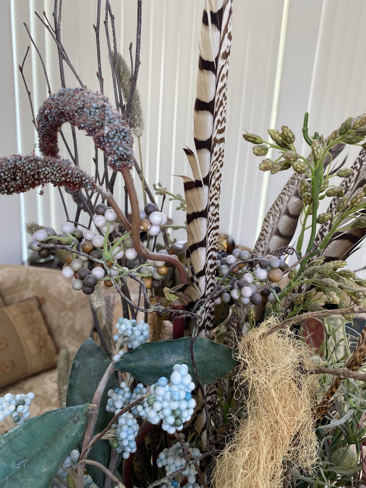 XL Custom Designer Muted Floral Arrangement W Pheasant Feathers, Silk & Dried