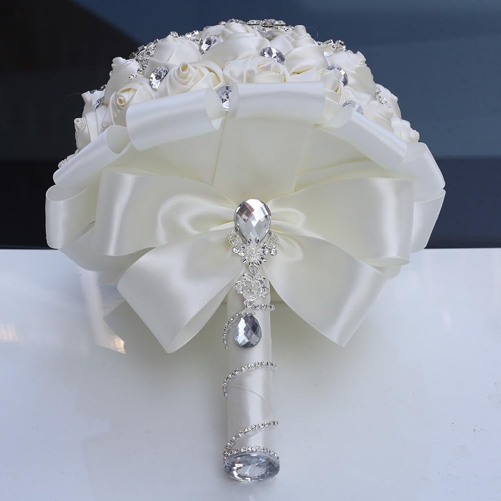 Ivory Wedding Bridal Bouquet Bling Rhinestones Brooch Satin Rose 7.1 Inch