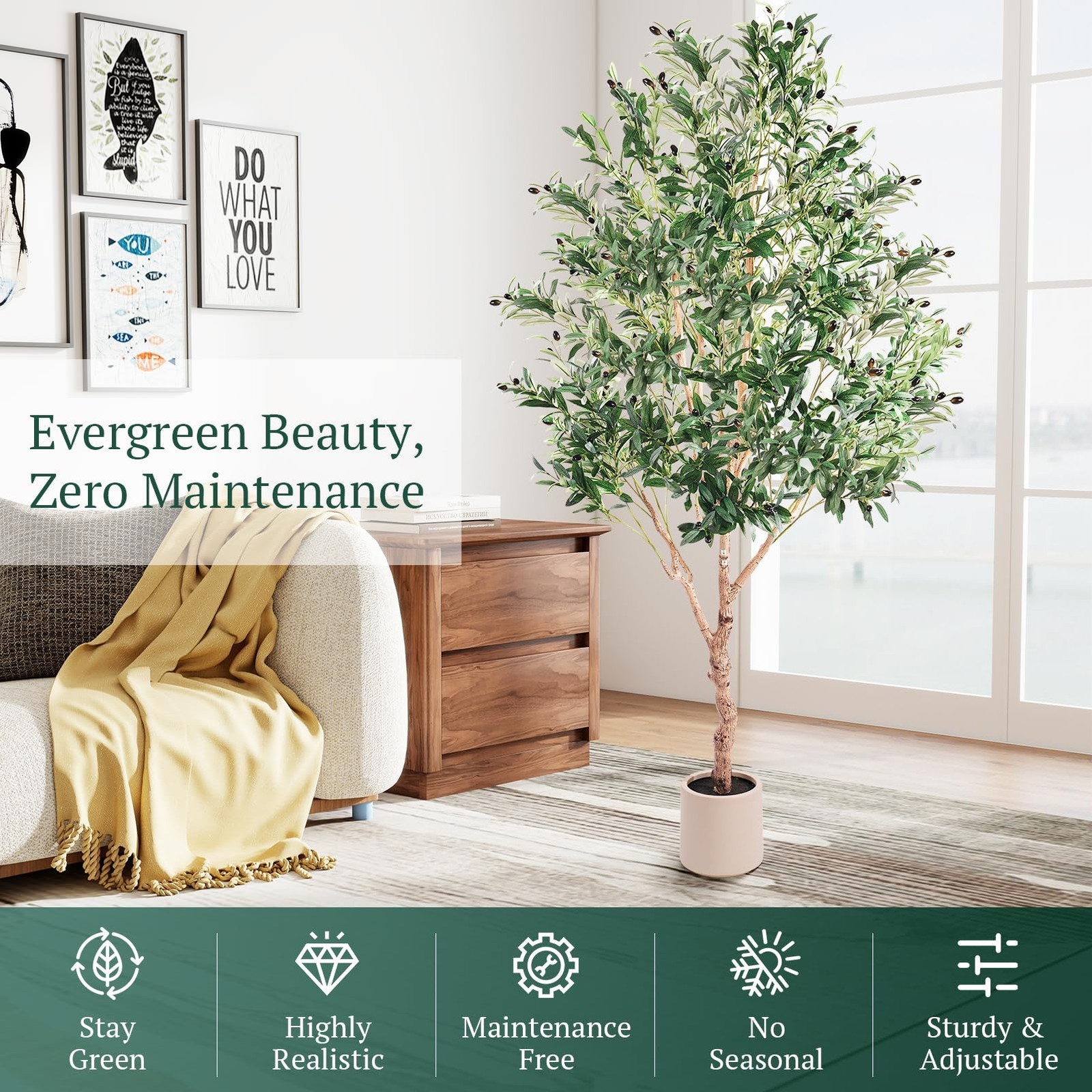 7FT Large Olive Trees Artificial Indoor Upgraded Faux Wood Trunk White Planter