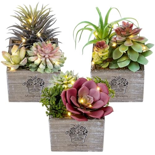 Small Fake Plants, 3 Packs Mini Succulent Plants Artificial with Morning Mist