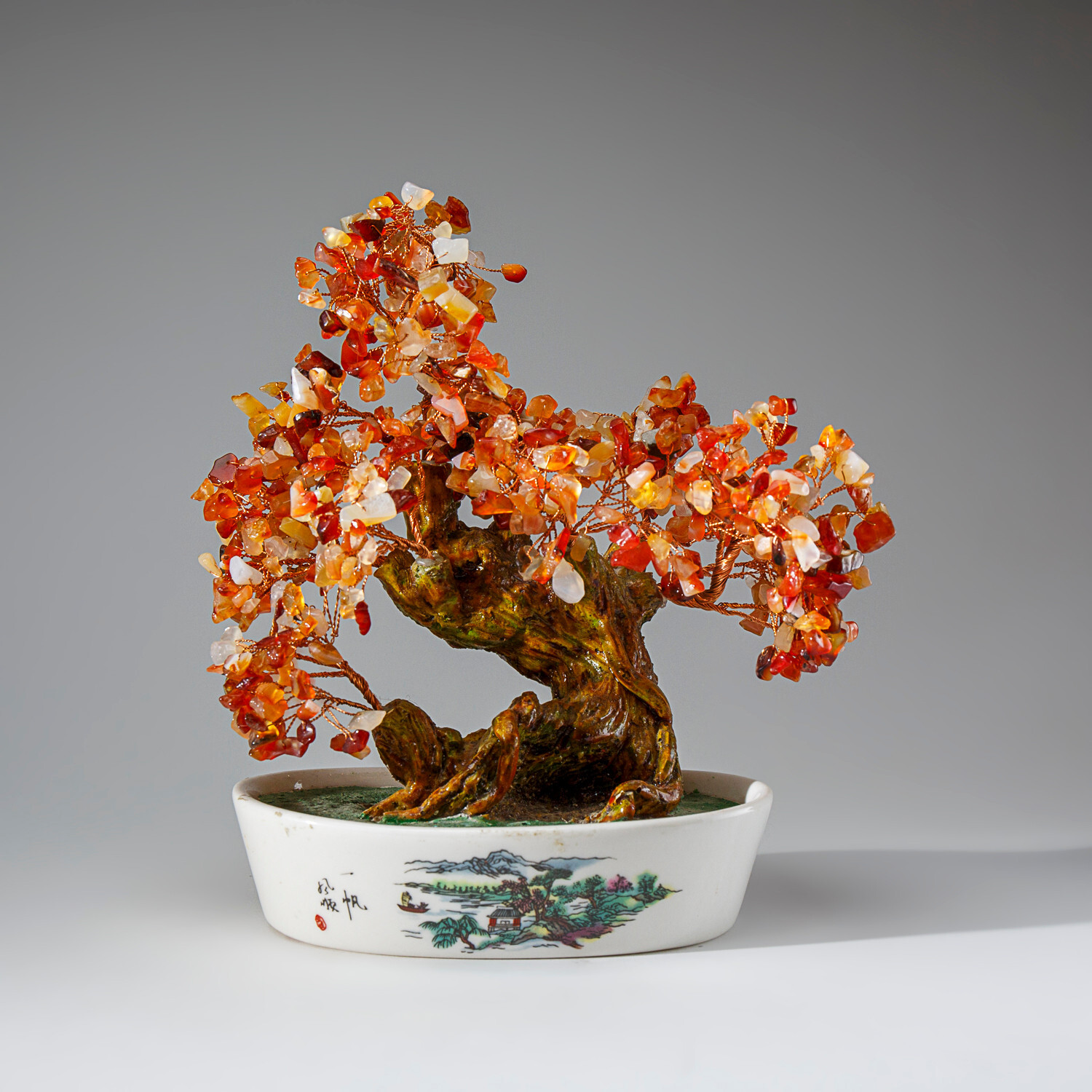 Genuine Carnelian Bonsai Gemstone Tree in Oval Ceramic Pot (9”)