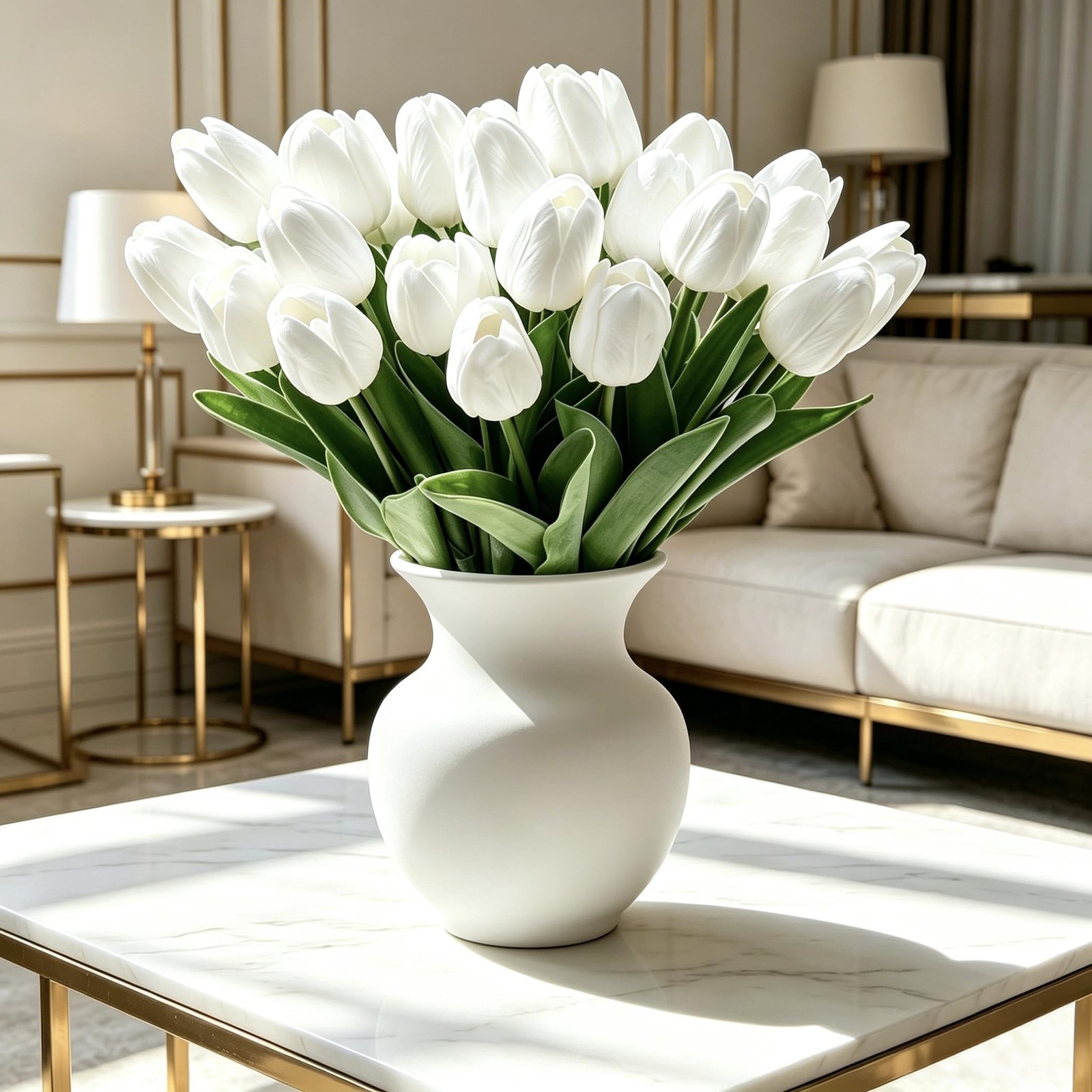 25 PCS White Tulips Artificial Flowers Real Touch Faux Bouquets Spring Wedding