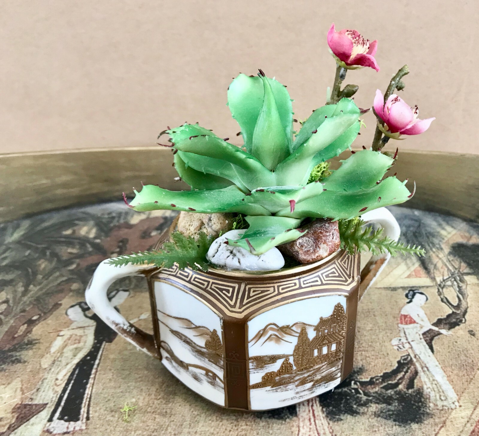 Antique Noritake Nippon Sugar Bowl Planter with Green Cactus and Purple Cherry B