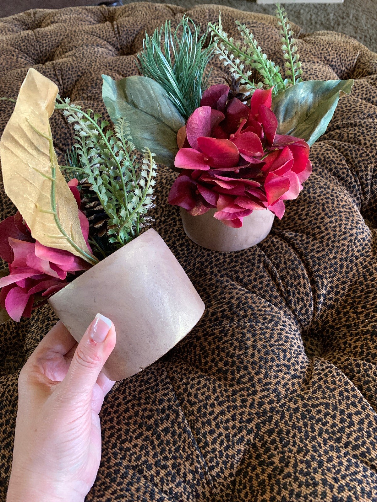 2 Red Hydrangea Floral Plant Greenery Faux Silk Stone Pot 7” Decor Accent