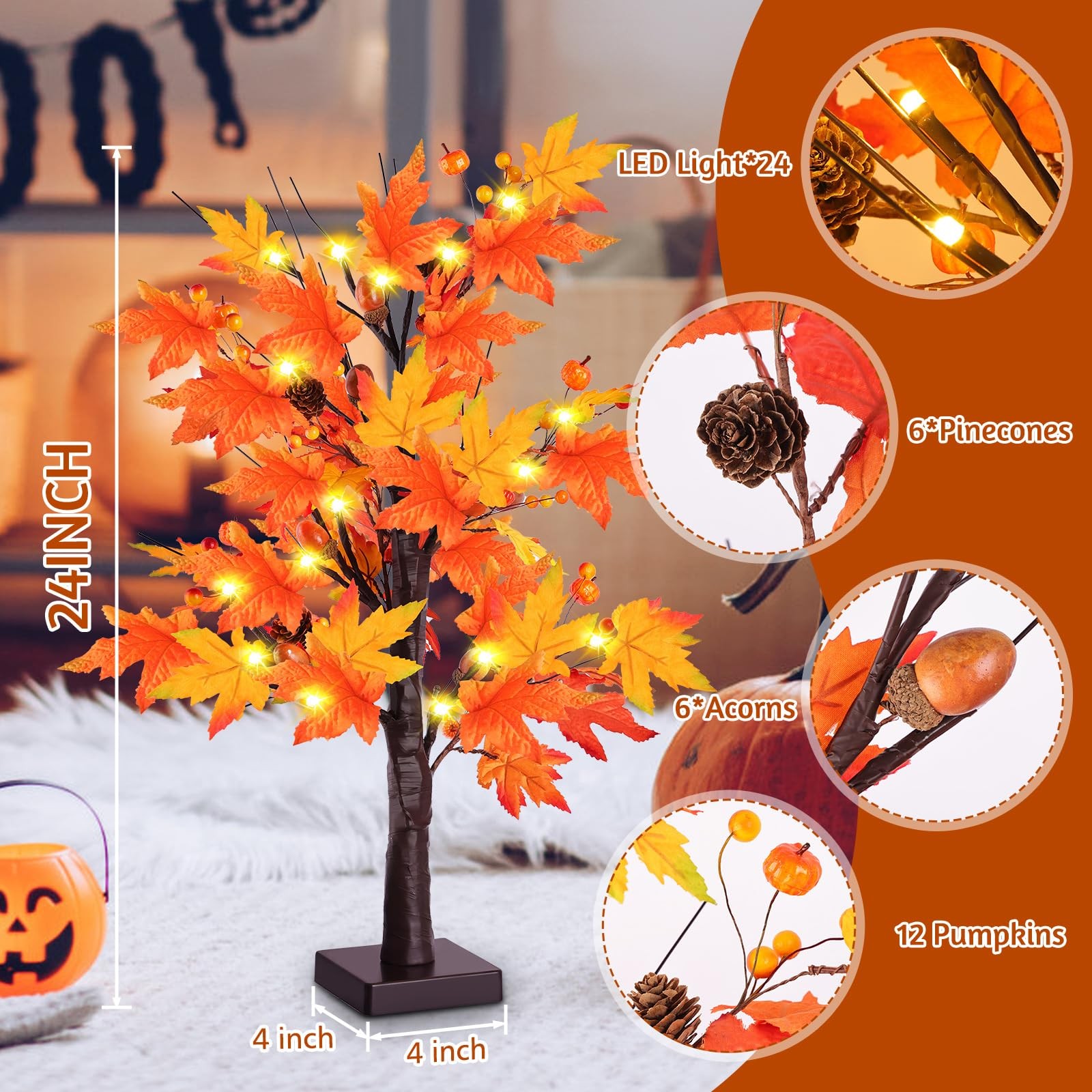 2 Pack 24 Inch Prelit Lighted Maple Tree, Artificial Fall Tree with 24 LEDs T…