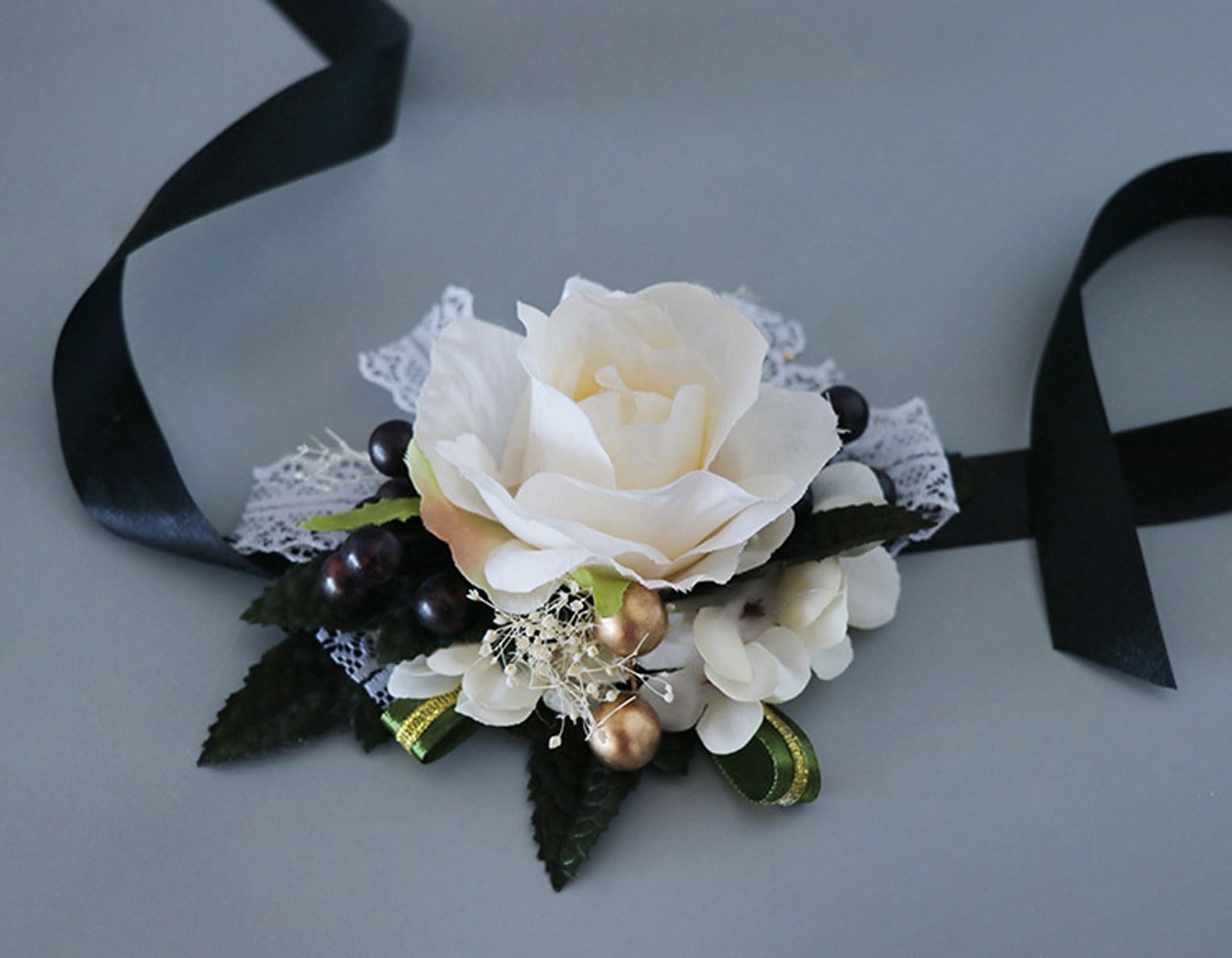 2 PCS Ivory Black Rose Wrist Corsage Boutonniere Set Wedding Prom Flower Suit