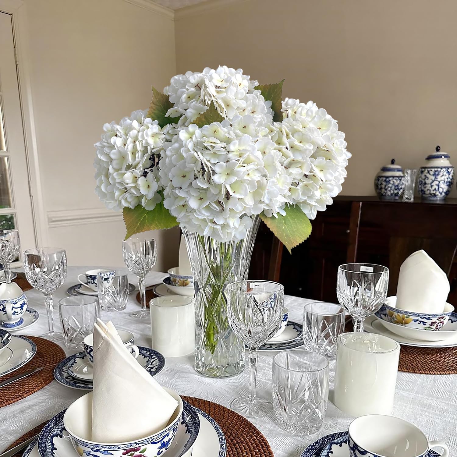 JINWOE 4PCS White Faux Hydrangea Flowers 21″ Vintage Real Touch Latex Silk